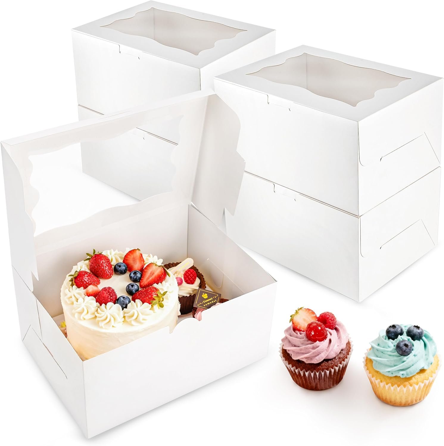 Grossiste en emballages, boîte Bento 1+2 avec fenêtre transparente pour 2 cupcakes et 1 mini gâteau, idéal pour le packaging des gourmandises, Logo Personnalisé OEM.