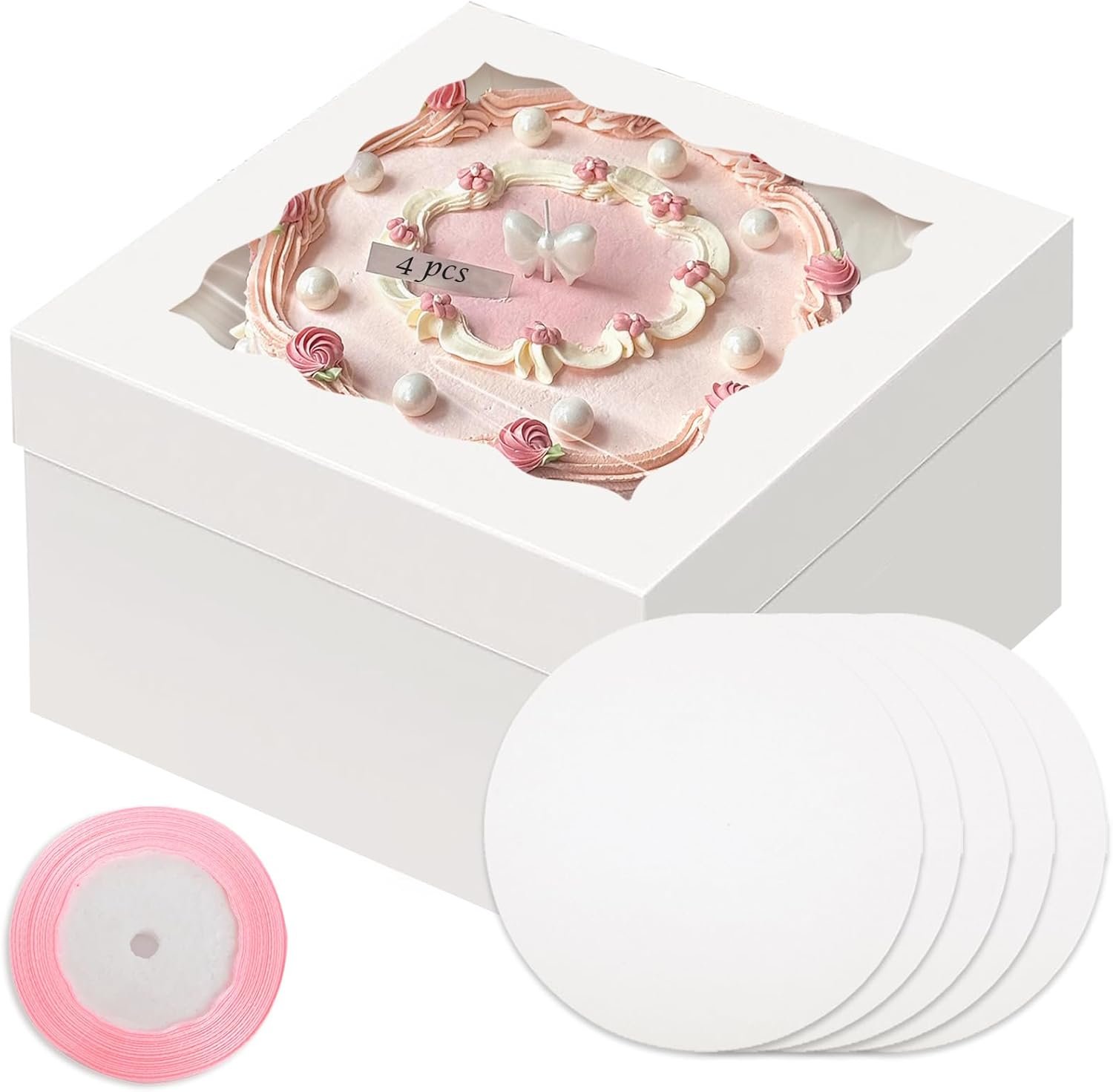 Grossiste en emballages de pâtisserie, Boîte à gâteau blanche 10x10x8 avec fenêtre, 4 ensembles de boîtes à gâteau et 4 plaques rondes de 10 pouces, 10 mètres de ruban en soie rose, OEM et fournisseur.