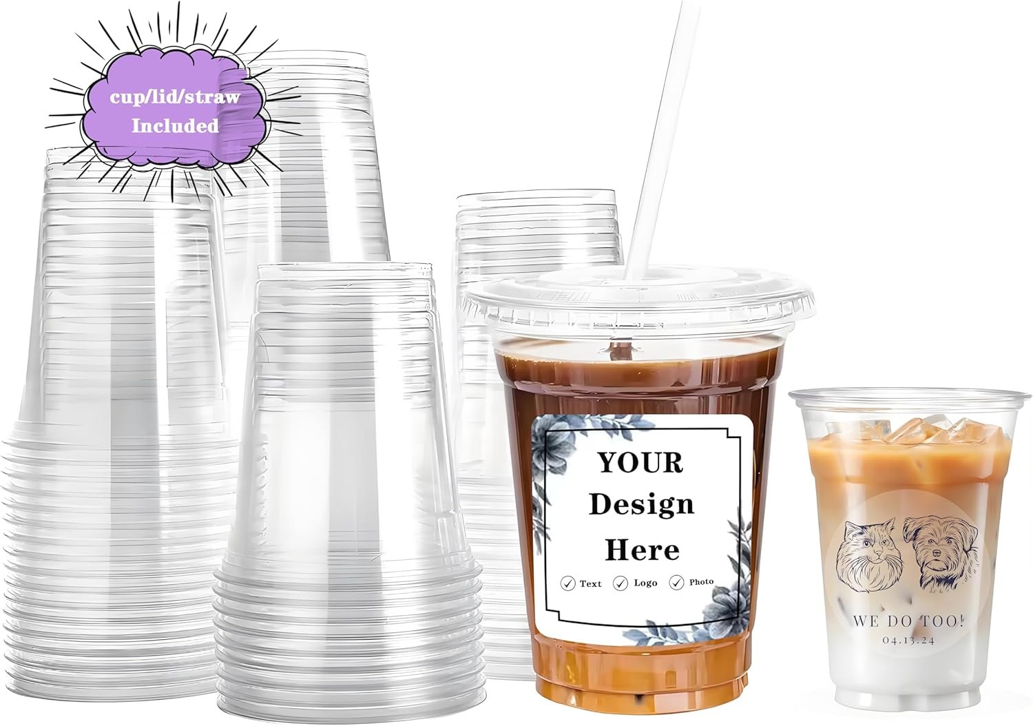 Grossiste en gobelets en plastique clairs de 12 oz avec couvercles et pailles, avec logo personnalisé, fabriqués par un fournisseur, gobelets jetables avec étiquettes personnalisées pour café glacé et autres boissons froides.