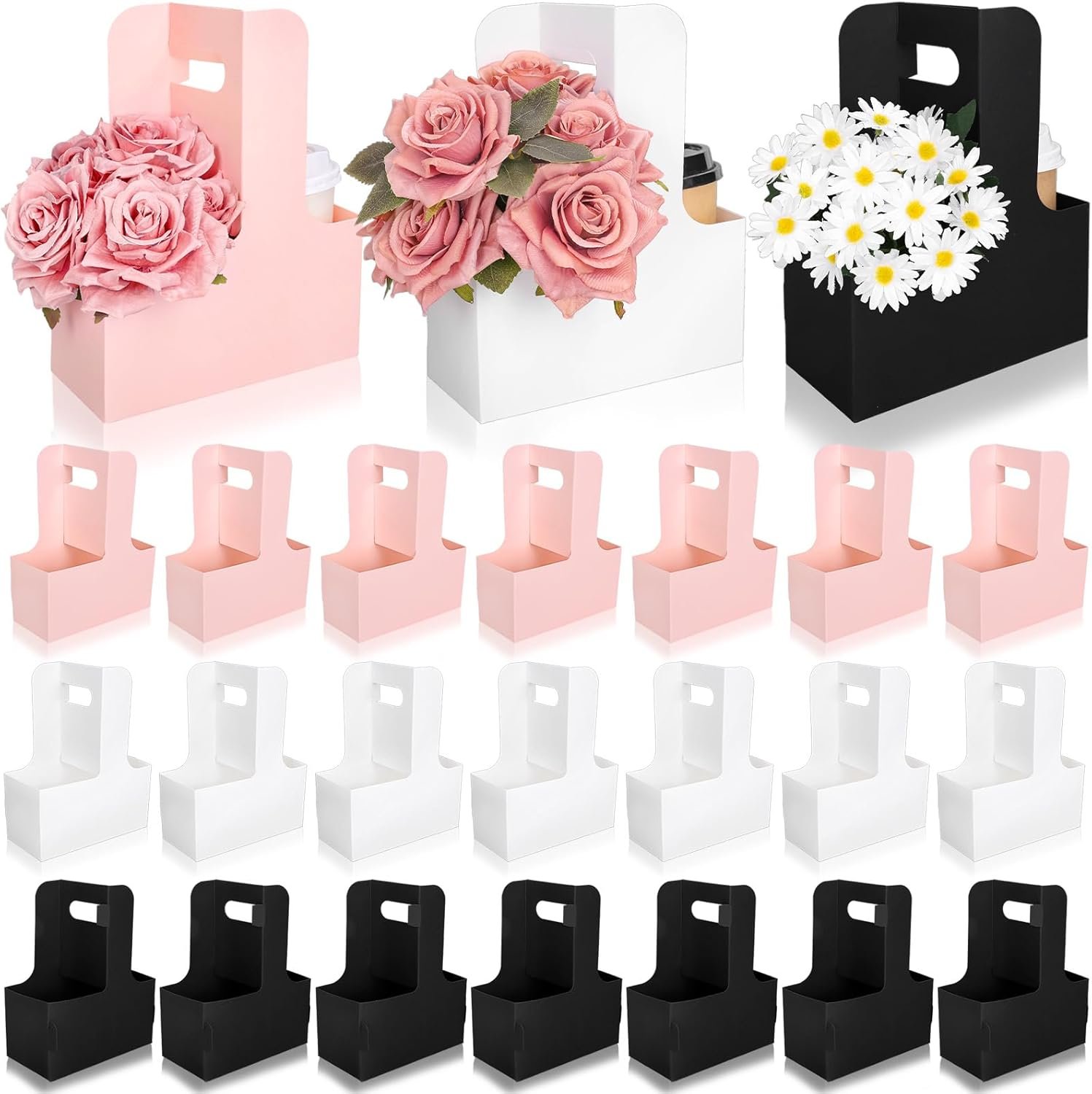 Grossiste en gros de porte-cadeaux pour la Fête des Mères avec poignée 24 pièces, fabricants de boîte cadeau rectangulaire en papier kraft pour boire 2 tasses, filtre fleurs de couleur rose, noir, blanc pour la Saint-Valentin, le mariage, l'anniversaire ou la baby shower, personnalisé avec logo.