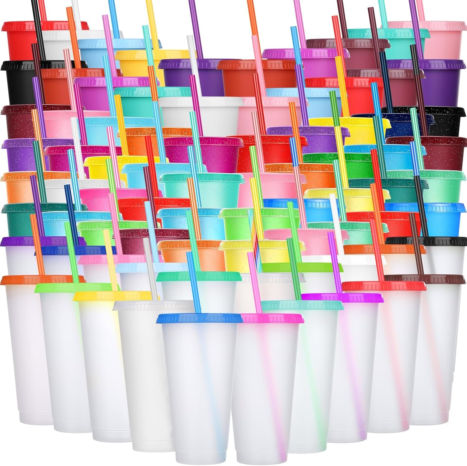 Grossiste gobelet en plastique avec paille et couvercle, 100 pièces en vrac réutilisables, 24-27 oz, idéal pour Cadeaux, OEM, mug de voyage pour café glacé et fêtes d'anniversaire (Couleurs variées)