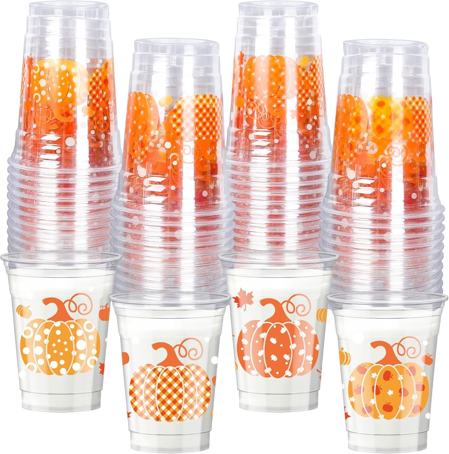 Grossiste gobelets en plastique jetables de 12 oz pour l'automne avec motifs de citrouille, fournies en 50 unités, parfaits pour célébrations, anniversaire, mariage et événements, marque blanche et personnalisable.