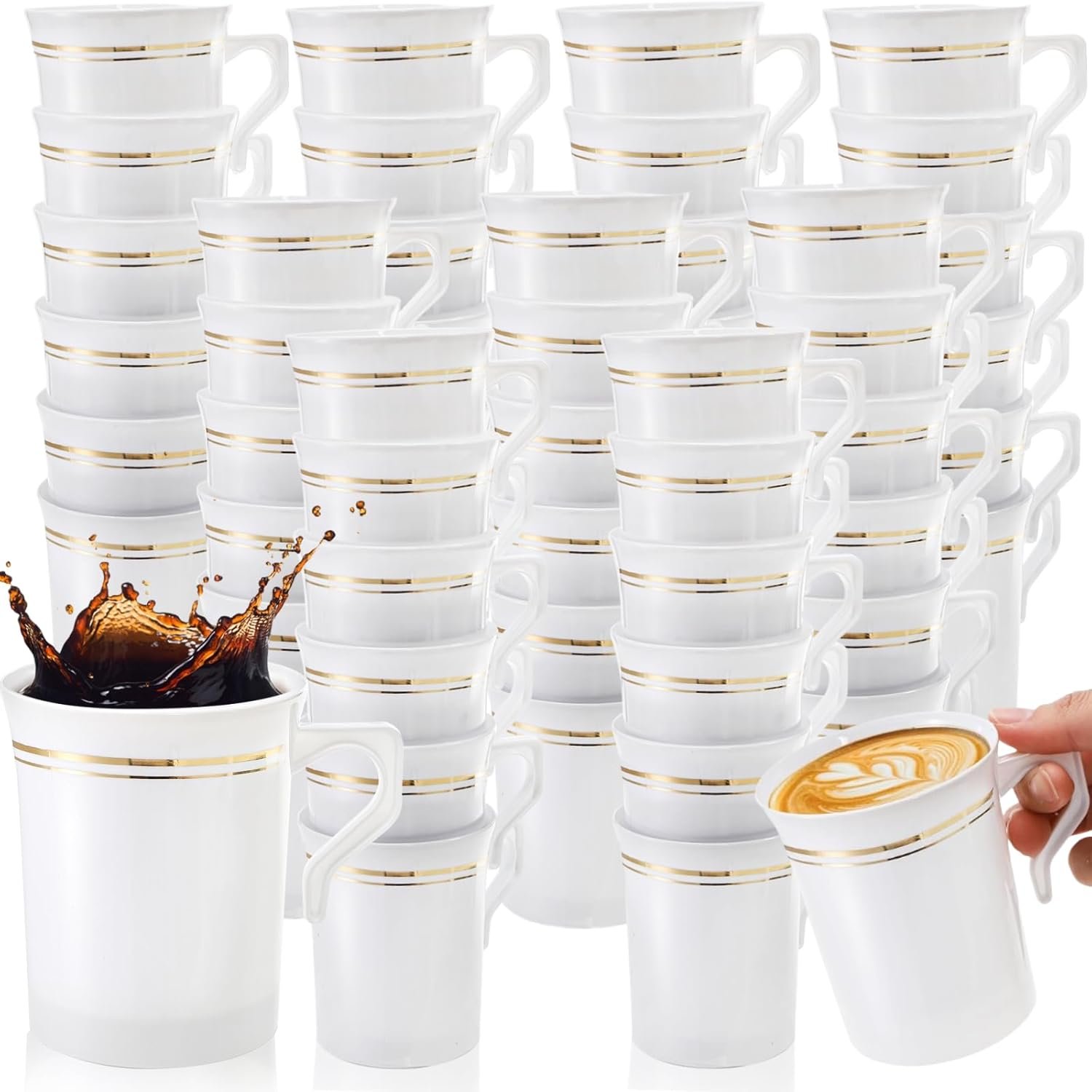 Grossiste gobelets jetables 8 oz avec anse, ensemble de 48 tasses à café, boisson chaude ou froide, idéal pour mariages et événements, marque blanche, fournisseur de vaisselle élégante pour camping, voyage et réception.
