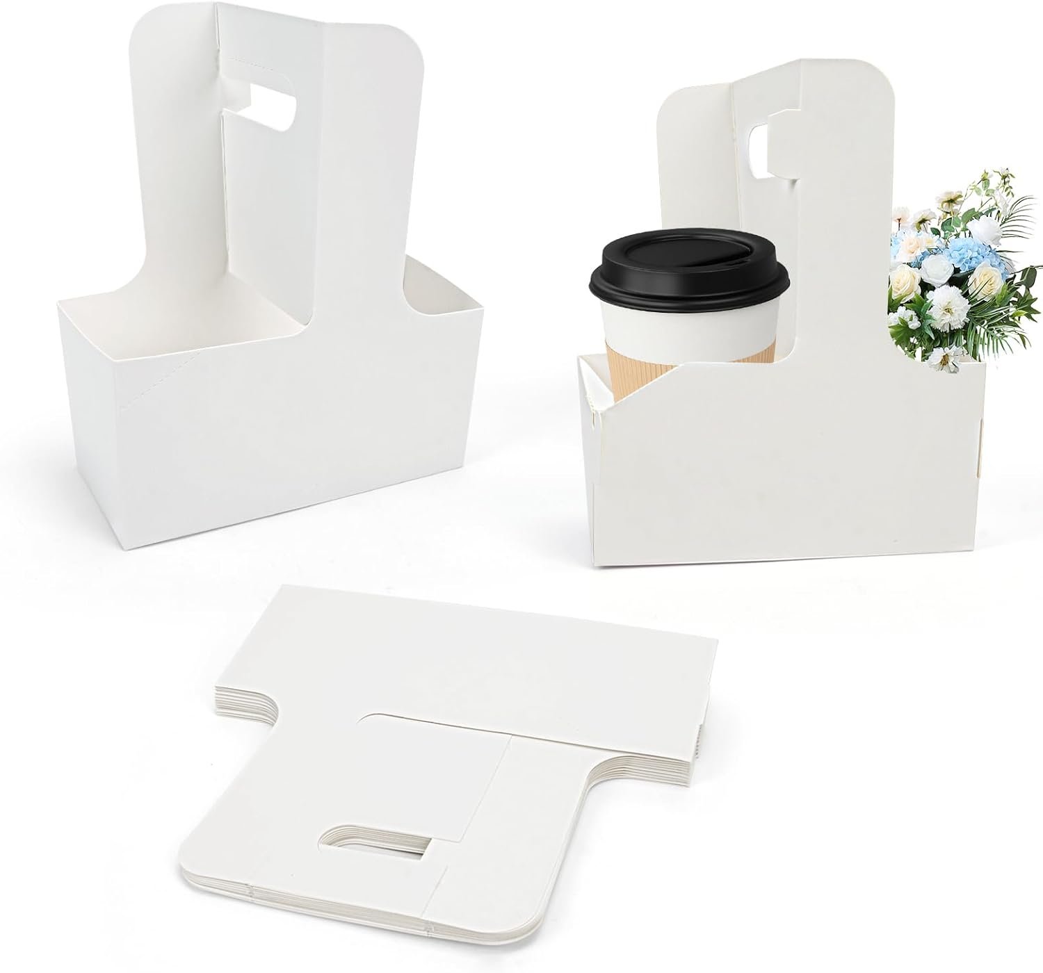 Grossiste porte-gobelets en carton jetables 2 tasses avec poignée, fournisseur de support pour boissons à emporter, OEM, blanc (20P)