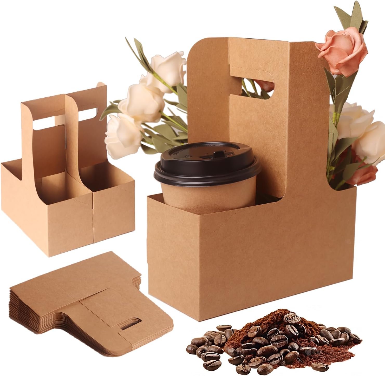 Grossiste porte-gobelets pliable 25 pack 2 tasses/4 tasses avec poignée (12-30 oz) | Logo personnalisé support en papier jetable pour boissons chaudes et froides | Fabricant de plateau à boissons pour café à emporter, livraison et plats à emporter.