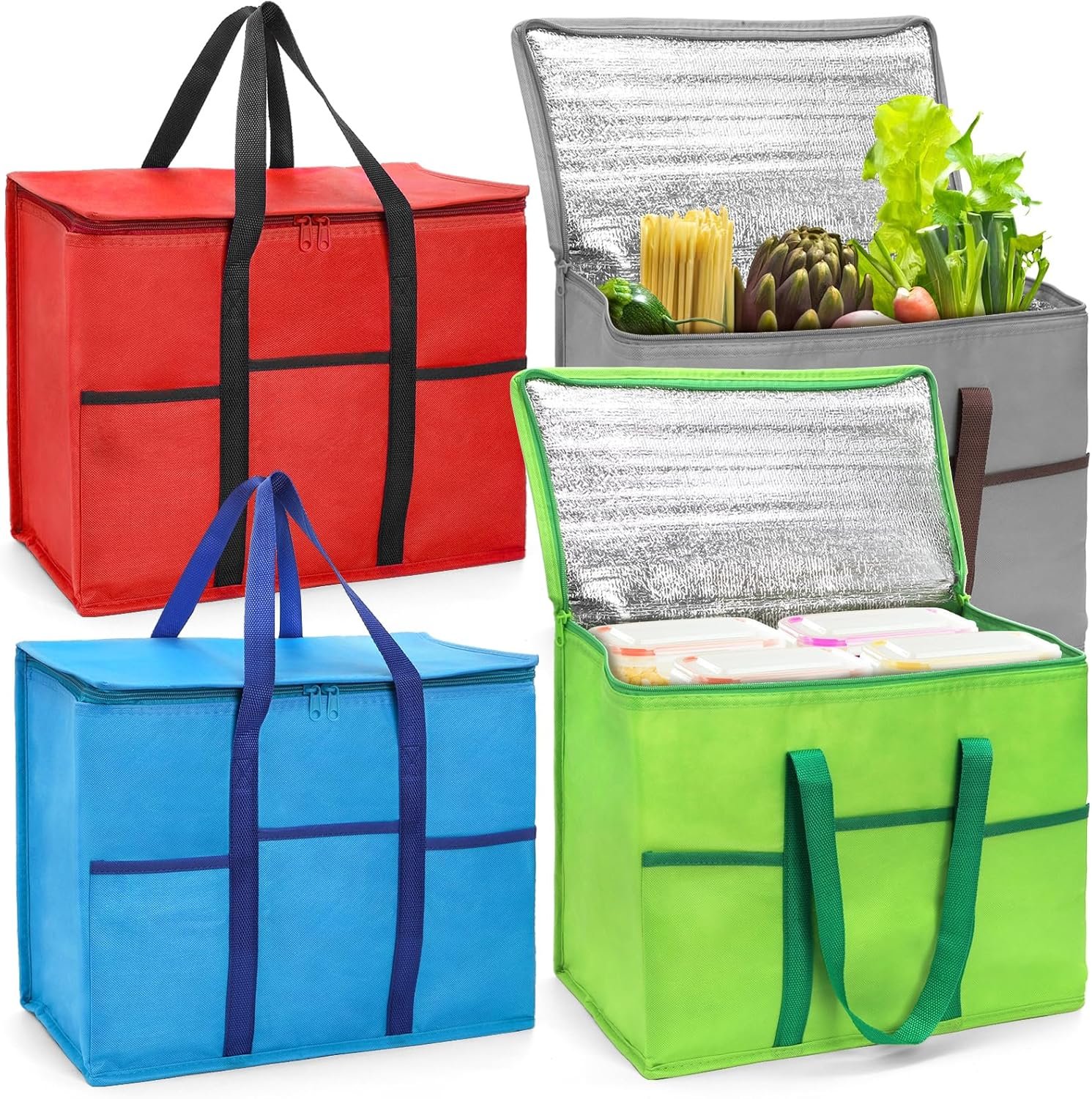 Grossiste sacs de courses isothermes réutilisables 4 pièces, sac réfrigérant pliable avec fond rigide et fermeture zippée, transport de nourriture chaude ou froide, fabricant de solutions durables en gros.