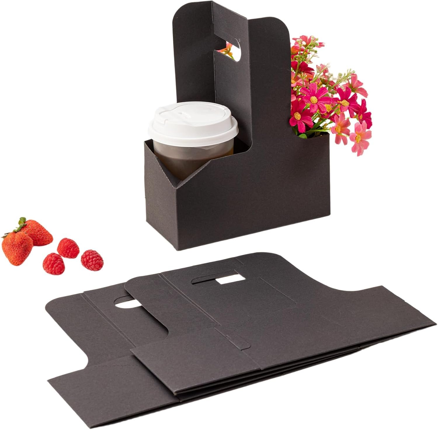 Grossiste support à boisson 6 pack 2/4 tasses avec poignée - Porte-gobelet en carton kraft robuste pour boissons chaudes/froides, livraison de nourriture, plats à emporter, soirées (noir, jetable, 6 unités) - Logo Personnalisé, Fabricant.