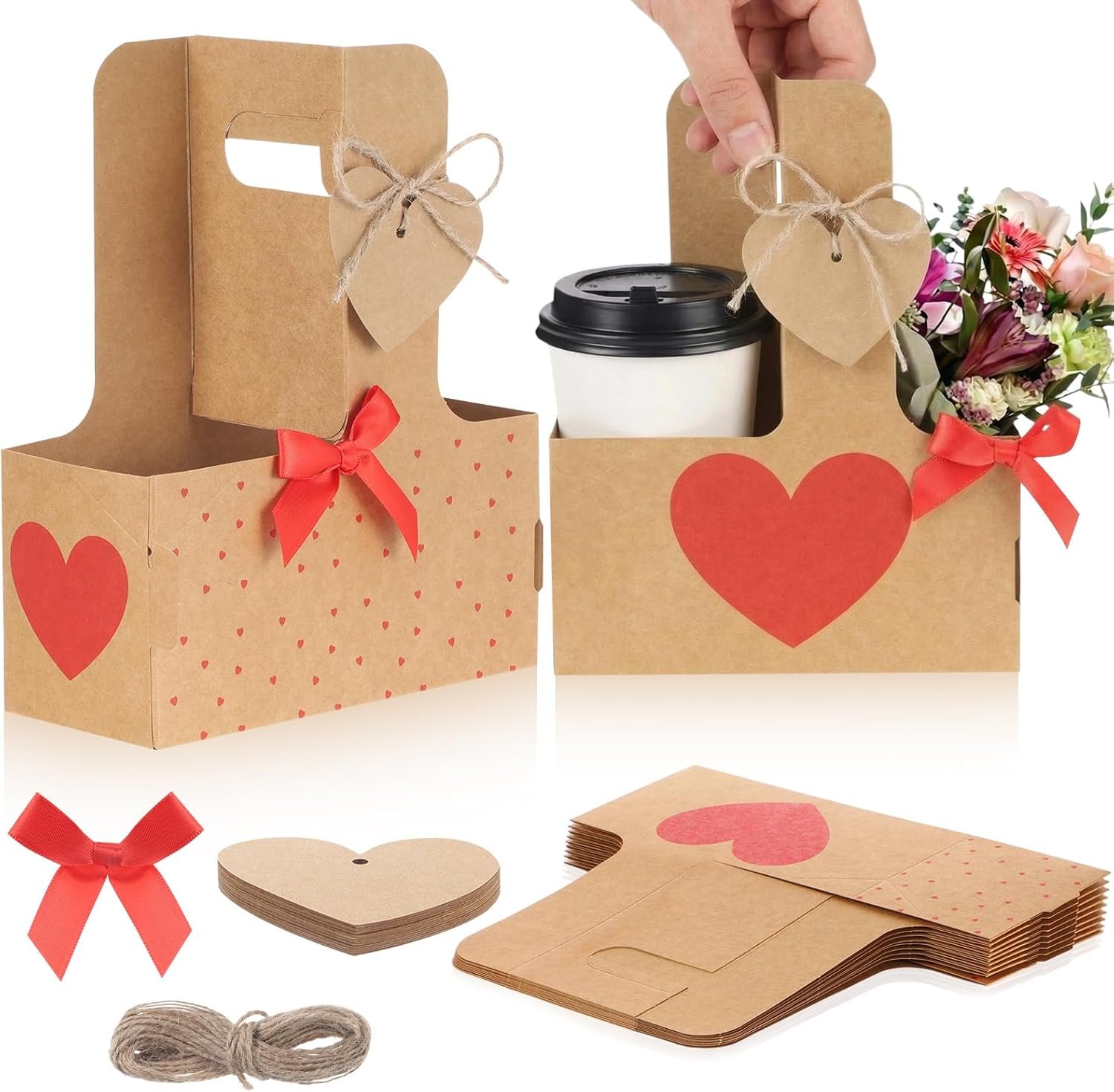 Grossiste support à boissons jetable en forme de cœur avec poignée pour fête des mères, 24 pièces, parfait pour livraison de café et nourriture, logo personnalisé, fabriqué par un fournisseur professionnel.