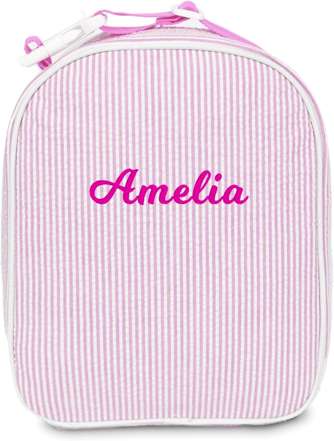Sac à déjeuner isolé personnalisé avec broderie de nom, fournisseur en gros, motif à rayures seersucker, réutilisable. Sac à déjeuner isolé personnalisé avec broderie de nom, fournisseur en gros, motif à rayures seersucker, réutilisable.