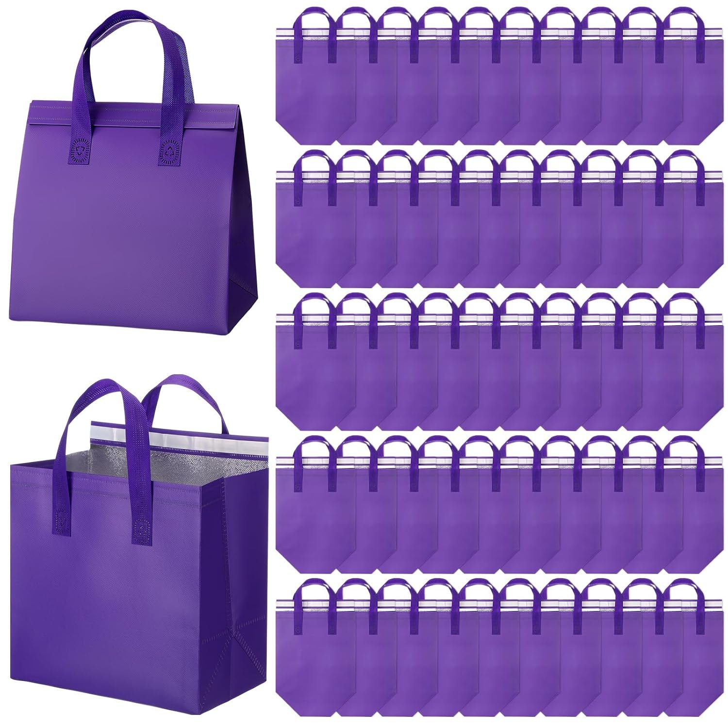 Sacs isothermes en vrac, 50 pièces, pour aliments chauds et froids, 9,45x9,45x5,91 pouces, avec logo personnalisé, idéal pour traiteur, restaurant, épicerie, couleur violet, fournisseur spécialisé.