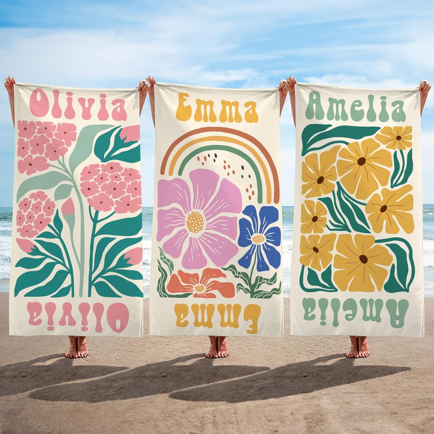 Serviette de Plage Personnalisée avec Nom, Fabricant de Serviettes de Plage Oversized Multicolores, Vente en Gros d'Accessoires de Plage Idéals pour les Fêtes et Vacances d'Été pour Femmes et Amies