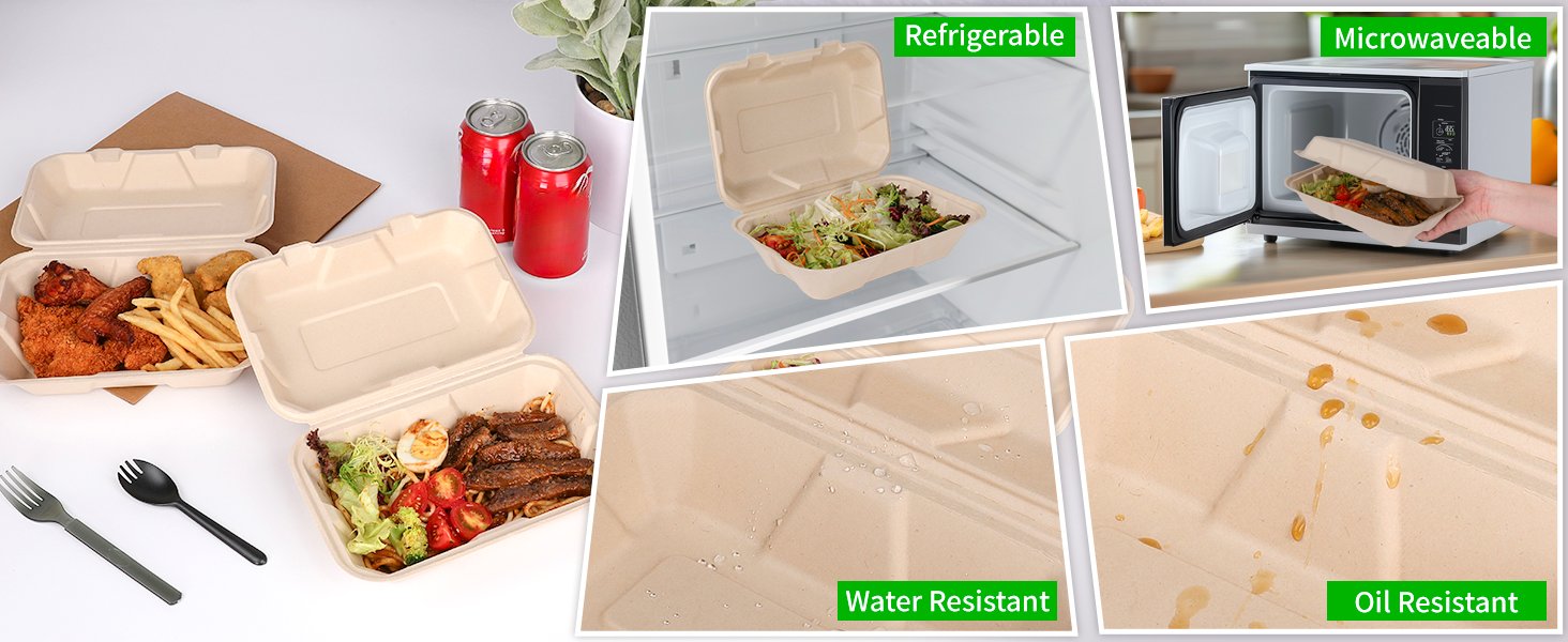 Grossiste Contenants à Emporter Compostables 100 Pack 9x6 Pouces avec Couvercle, Eco-Friendly Biodegradables en Bagasse, Fabricant Vente en Gros PFAS-Free, Brun, OEM