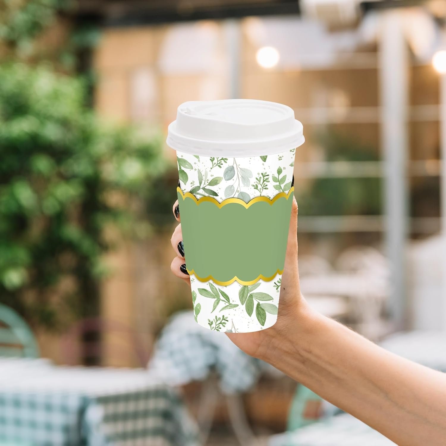 Grossiste Lot de 50 Gobelets à Café 16oz Vert Motif Feuilles d'Eucalyptus avec Couvercles et Manchons Jetables Fabricant Logo Personnalisé