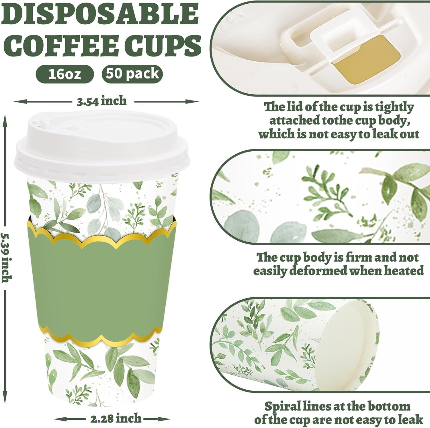 Grossiste Lot de 50 Gobelets à Café 16oz Vert Motif Feuilles d'Eucalyptus avec Couvercles et Manchons Jetables Fabricant Logo Personnalisé