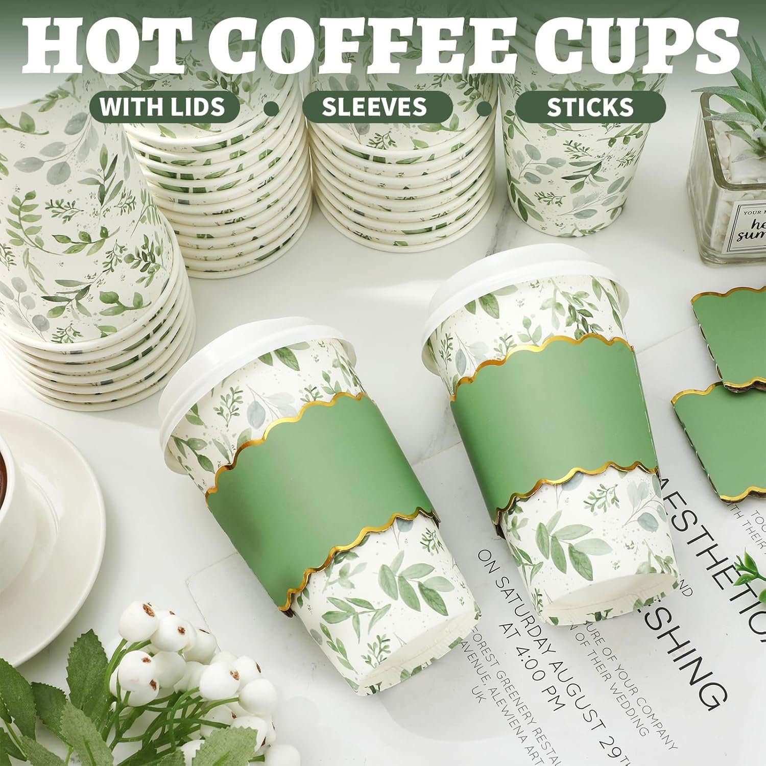 Grossiste Lot de 50 Gobelets à Café 16oz Vert Motif Feuilles d'Eucalyptus avec Couvercles et Manchons Jetables Fabricant Logo Personnalisé