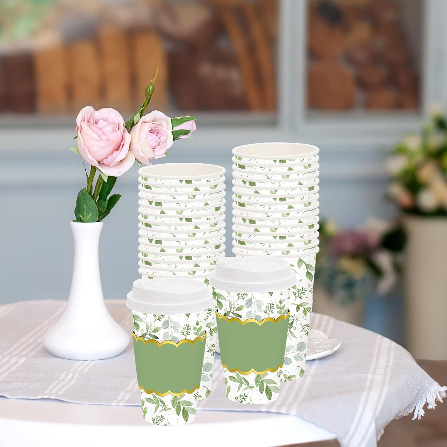 Grossiste Lot de 50 Gobelets à Café 16oz Vert Motif Feuilles d'Eucalyptus avec Couvercles et Manchons Jetables Fabricant Logo Personnalisé