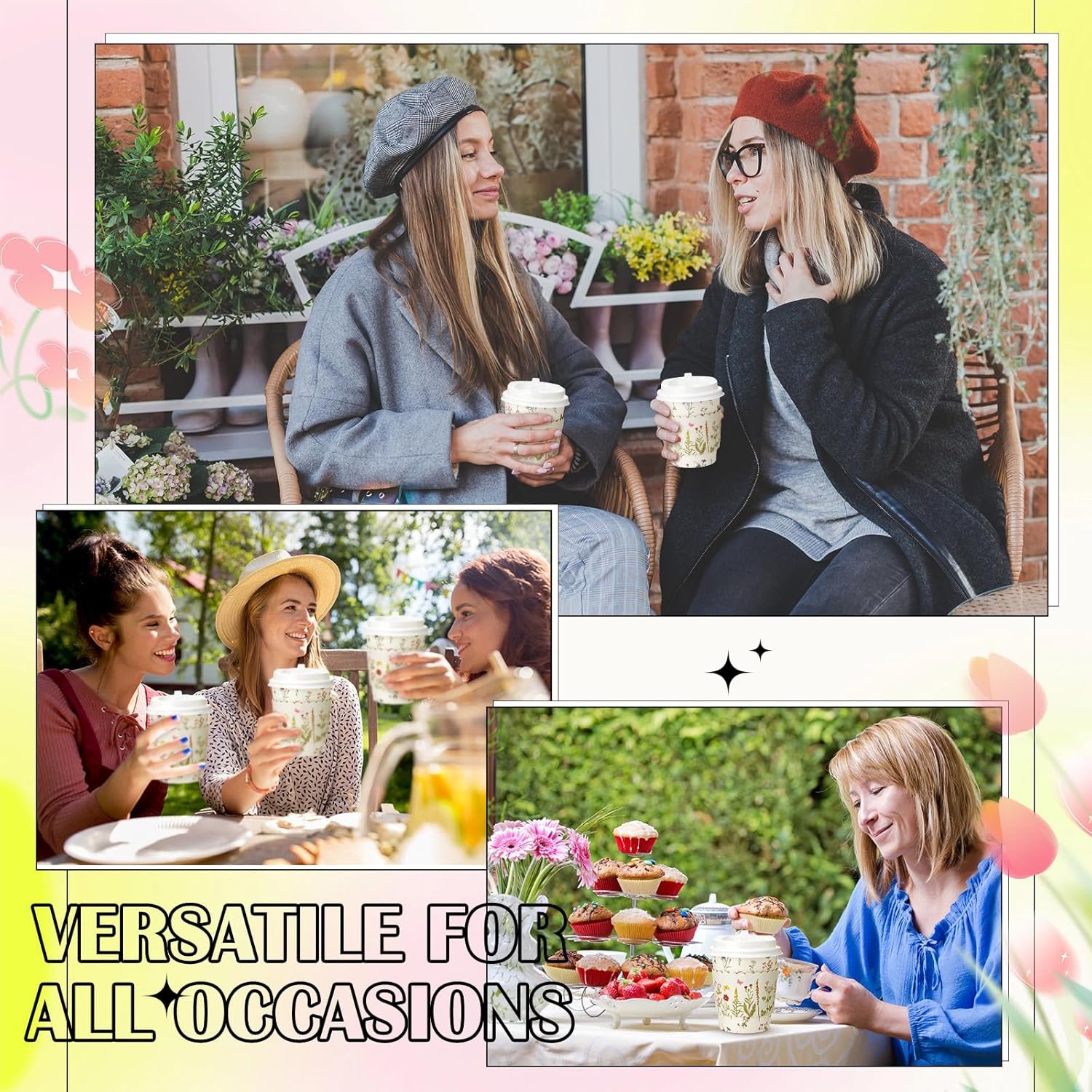 Grossiste 100 Ensembles Gobelets à Café Jetables 8oz Floraux avec Couvercles et Manchons en Papier Fleurs des Champs du Fabricant Marque Blanche pour Mariages Fêtes Printanières Baby Shower Réceptions Anniversaires