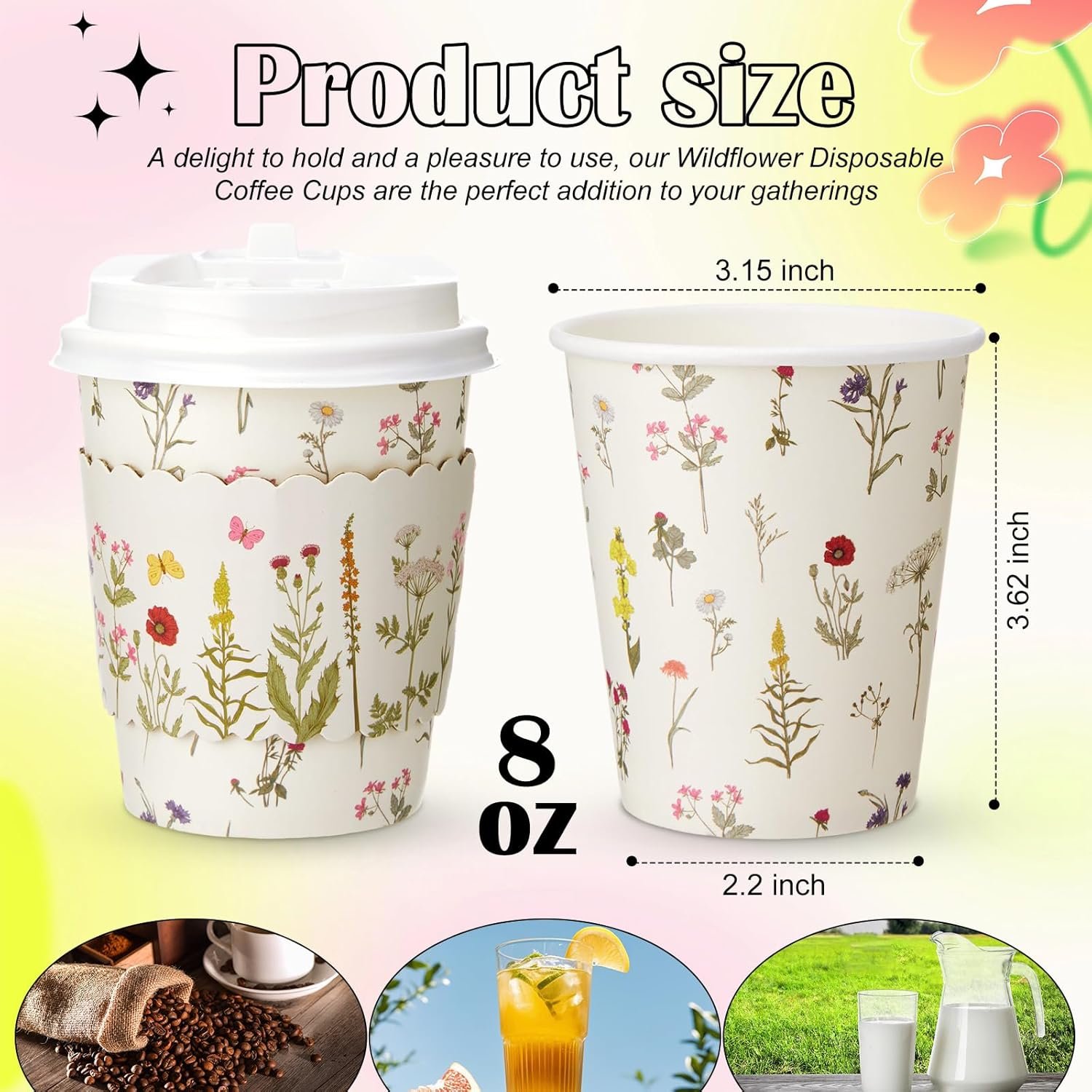 Grossiste 100 Ensembles Gobelets à Café Jetables 8oz Floraux avec Couvercles et Manchons en Papier Fleurs des Champs du Fabricant Marque Blanche pour Mariages Fêtes Printanières Baby Shower Réceptions Anniversaires