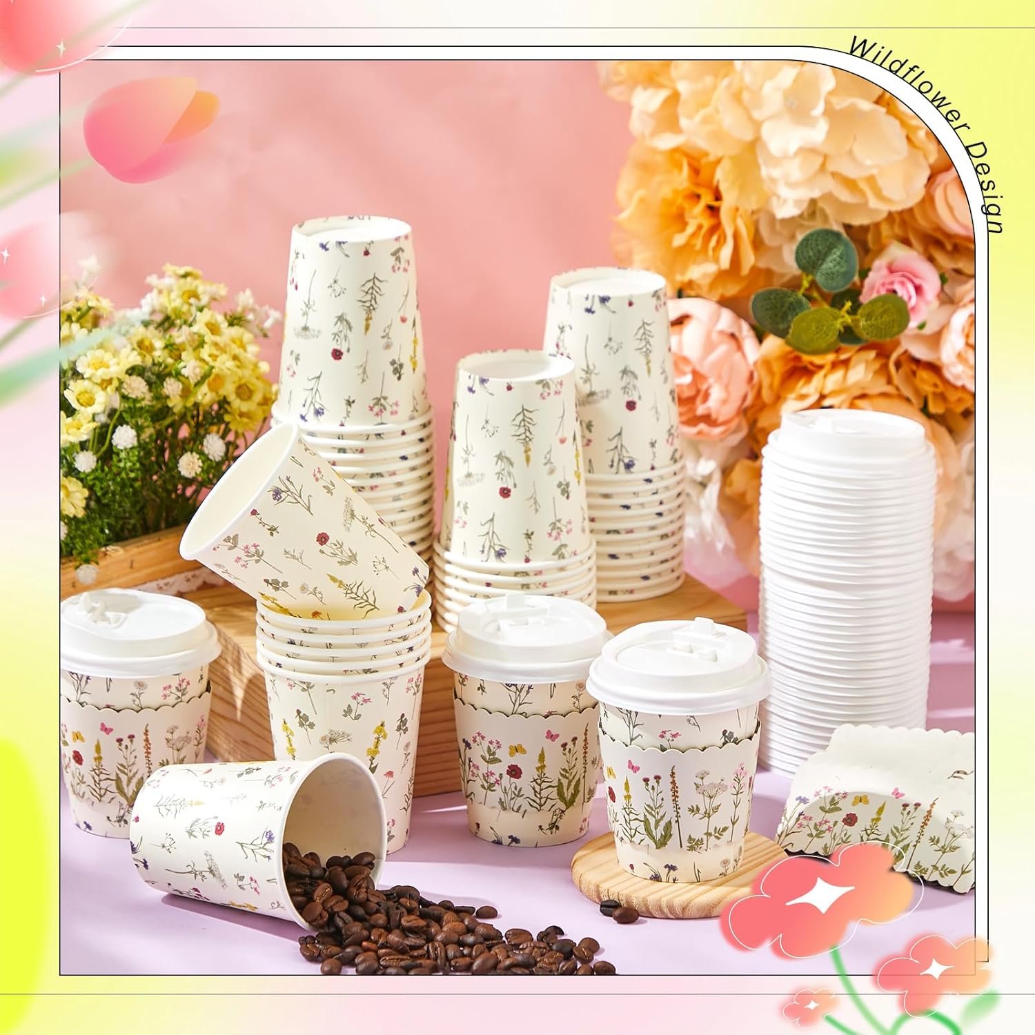 Grossiste 100 Ensembles Gobelets à Café Jetables 8oz Floraux avec Couvercles et Manchons en Papier Fleurs des Champs du Fabricant Marque Blanche pour Mariages Fêtes Printanières Baby Shower Réceptions Anniversaires