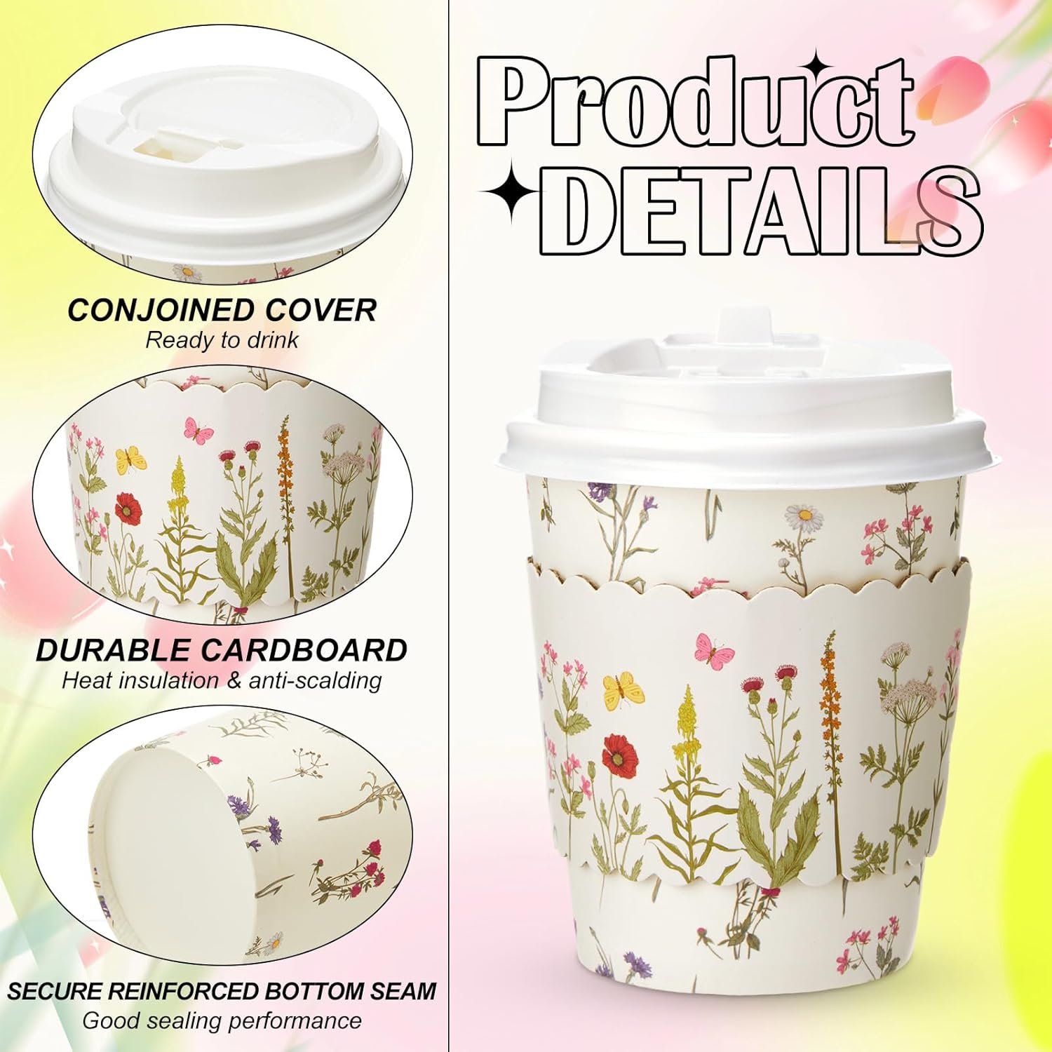 Grossiste 100 Ensembles Gobelets à Café Jetables 8oz Floraux avec Couvercles et Manchons en Papier Fleurs des Champs du Fabricant Marque Blanche pour Mariages Fêtes Printanières Baby Shower Réceptions Anniversaires