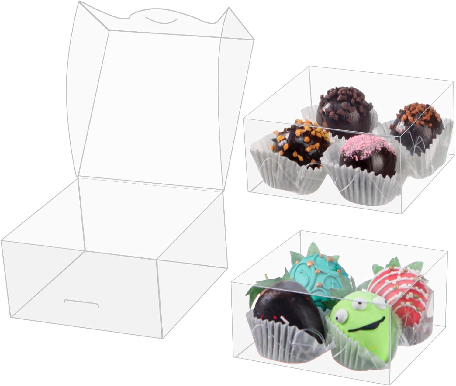 Fabricant de boîtes transparentes 4x4x2 pouces lot 100 pcs - vente en gros pour pâtisseries biscuits savon donuts fraises au chocolat truffes brownies gâteaux fêtes mariages avec logo personnalisé