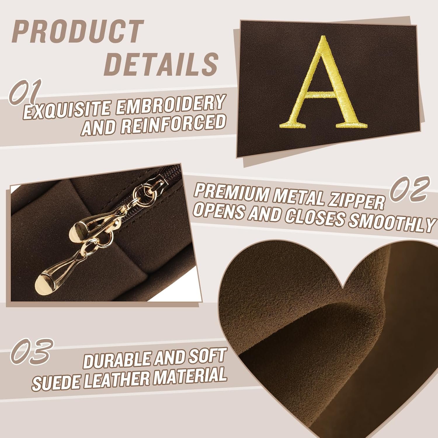 Grossiste Trousse Maquillage Personnalisée Initiales en Daim Préppy pour Adolescents Fabricant Petite Pochette Toilette Voyage Monogramme Lettre Broderie Or Logo Personnalisé Cadeau Noël Femmes (Café-A)