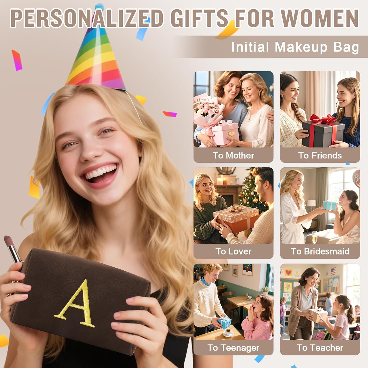 Grossiste Trousse Maquillage Personnalisée Initiales en Daim Préppy pour Adolescents Fabricant Petite Pochette Toilette Voyage Monogramme Lettre Broderie Or Logo Personnalisé Cadeau Noël Femmes (Café-A)