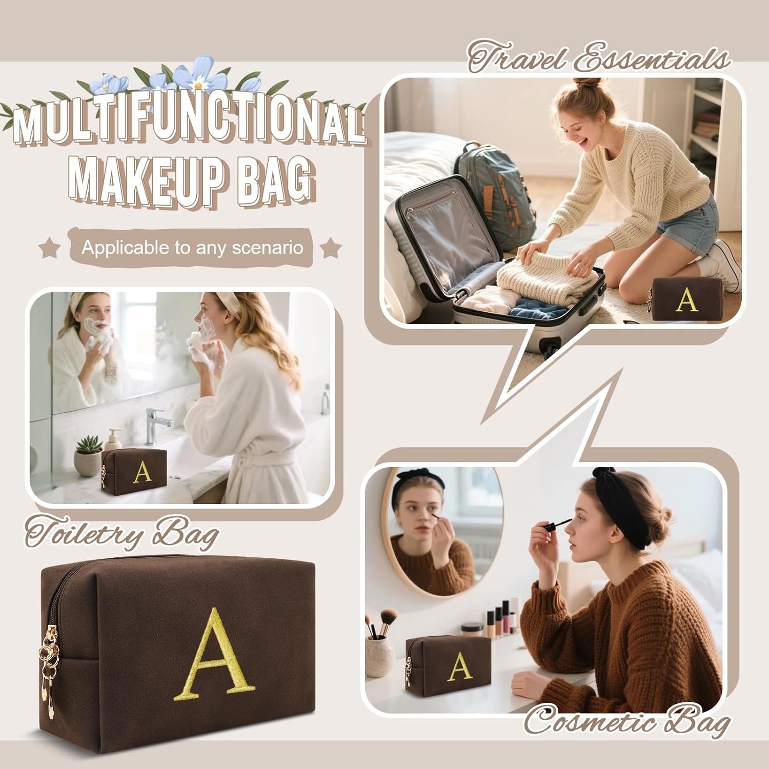 Grossiste Trousse Maquillage Personnalisée Initiales en Daim Préppy pour Adolescents Fabricant Petite Pochette Toilette Voyage Monogramme Lettre Broderie Or Logo Personnalisé Cadeau Noël Femmes (Café-A)