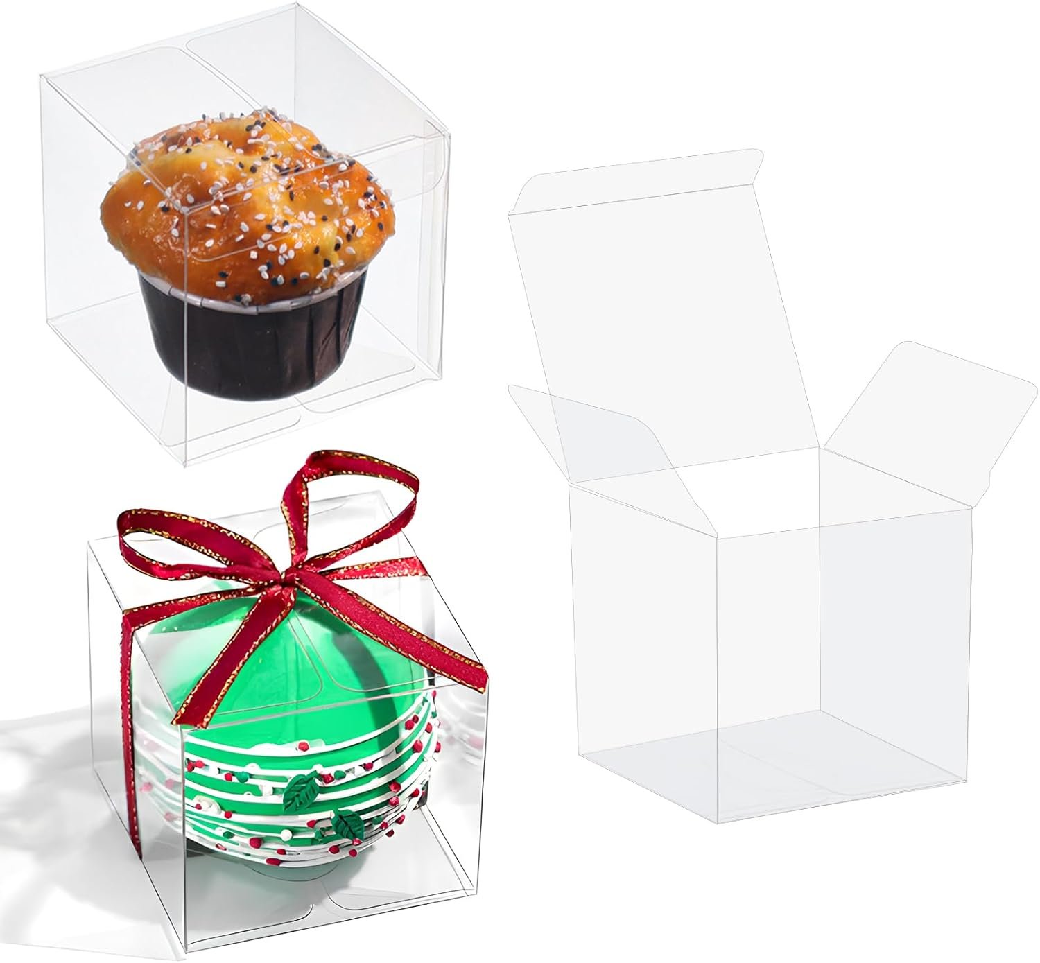 Grossiste Pack de 100 Boîtes Transparentes 3x3x3 Pouces Fabricant pour Bombes Chocolat Chaud / Petits Cadeaux / Pâtisserie / Fraises / Cupcakes / Charcuterie / Faveurs Noël Marque Blanche