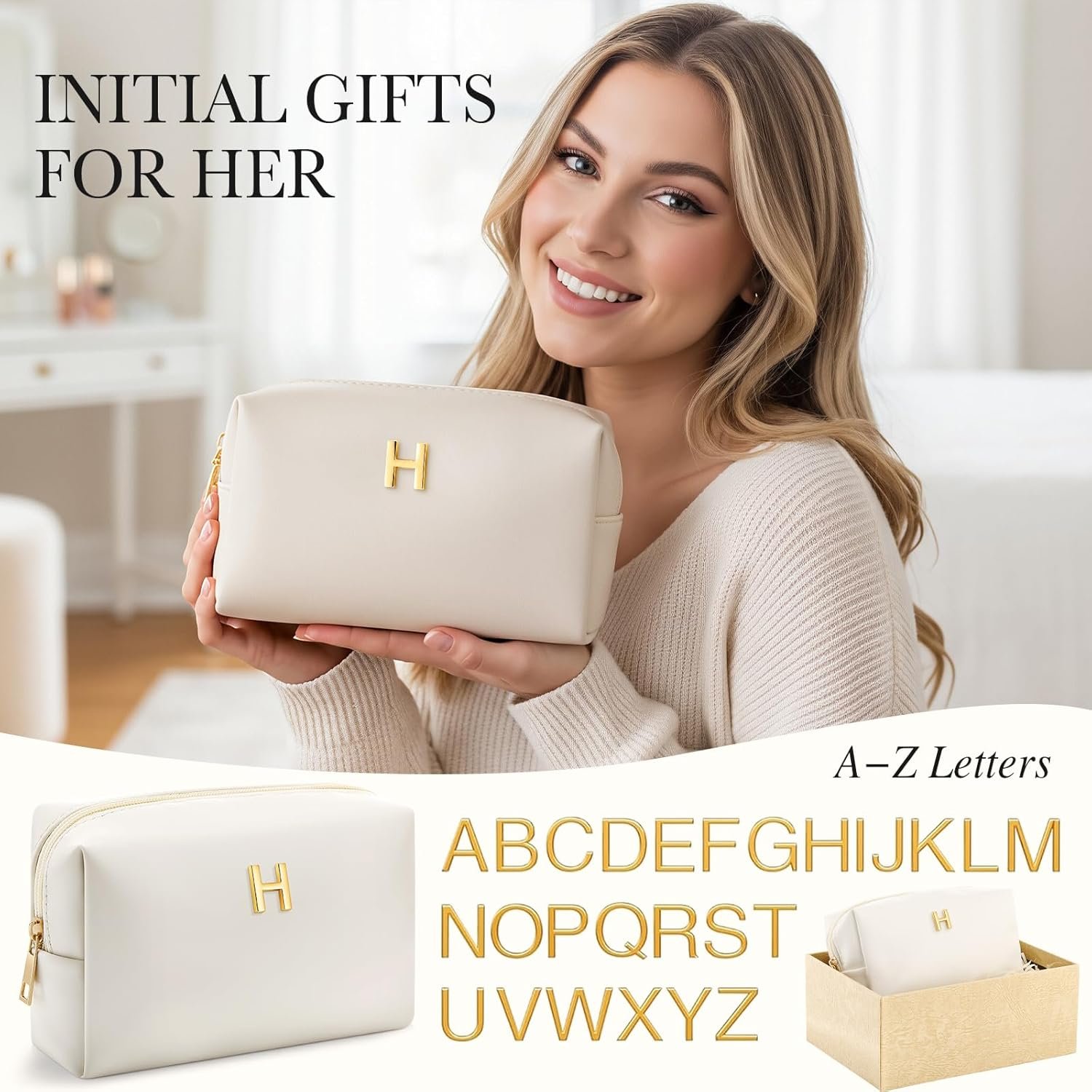 Fournisseur Grossiste Petit Sac de Maquillage Monogrammé en Cuir Beige pour Femmes Pochon Toilette Voyage OEM (H)