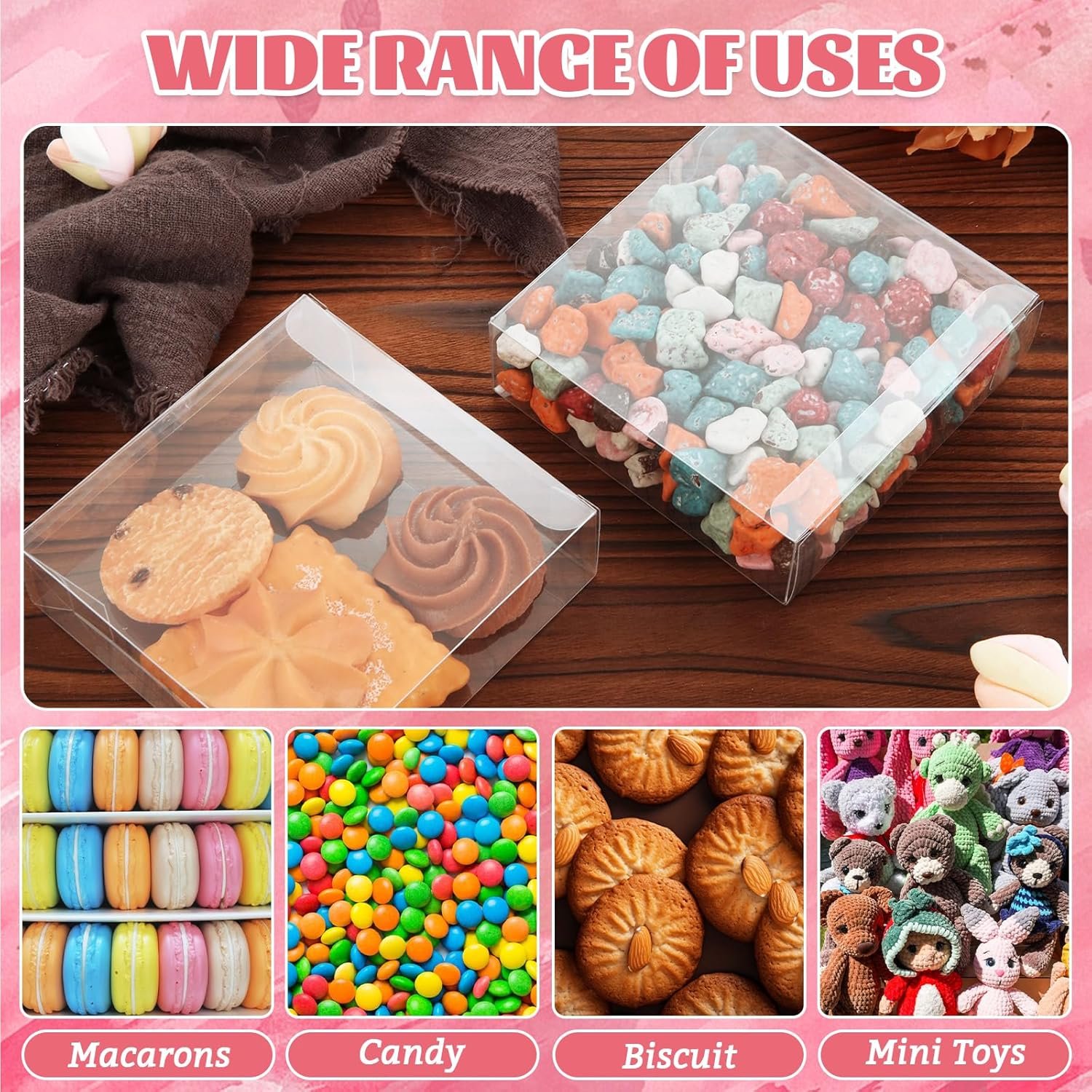 Grossiste Pack de 150 Boîtes Transparentes PVC 10x10x3 cm pour Biscuits Donuts Friandises Fêtes Noël Mariage Anniversaire Saint-Valentin Fabricant Logo Personnalisé