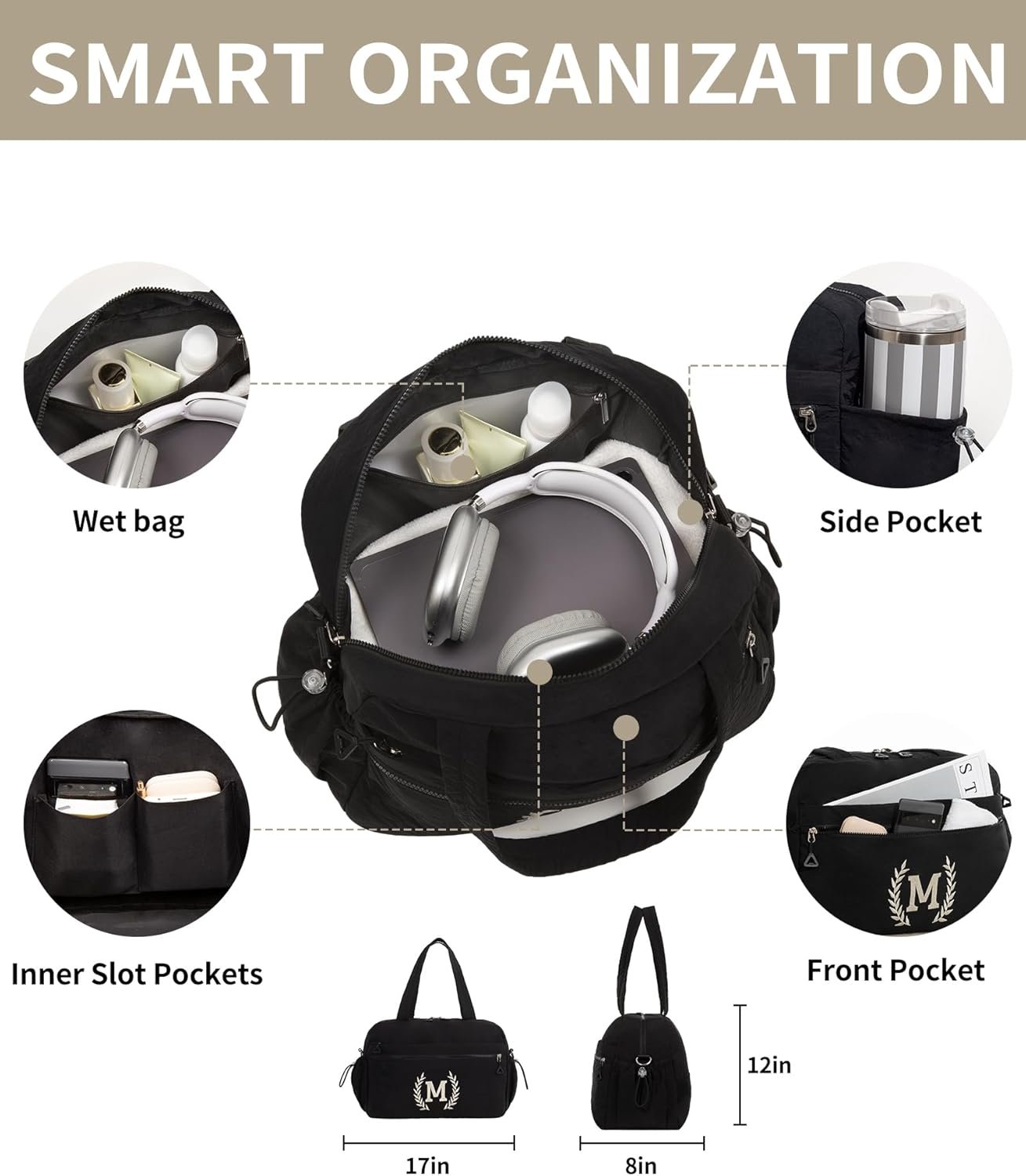 Grossiste Sac Duffle de Gym pour Femmes – Sac Sport Brodé Initiales avec Logo Personnalisé pour Hommes – Duffel Voyage Workout Manche Valise Cadeau Maman Fille Fabricant (Noir, A)