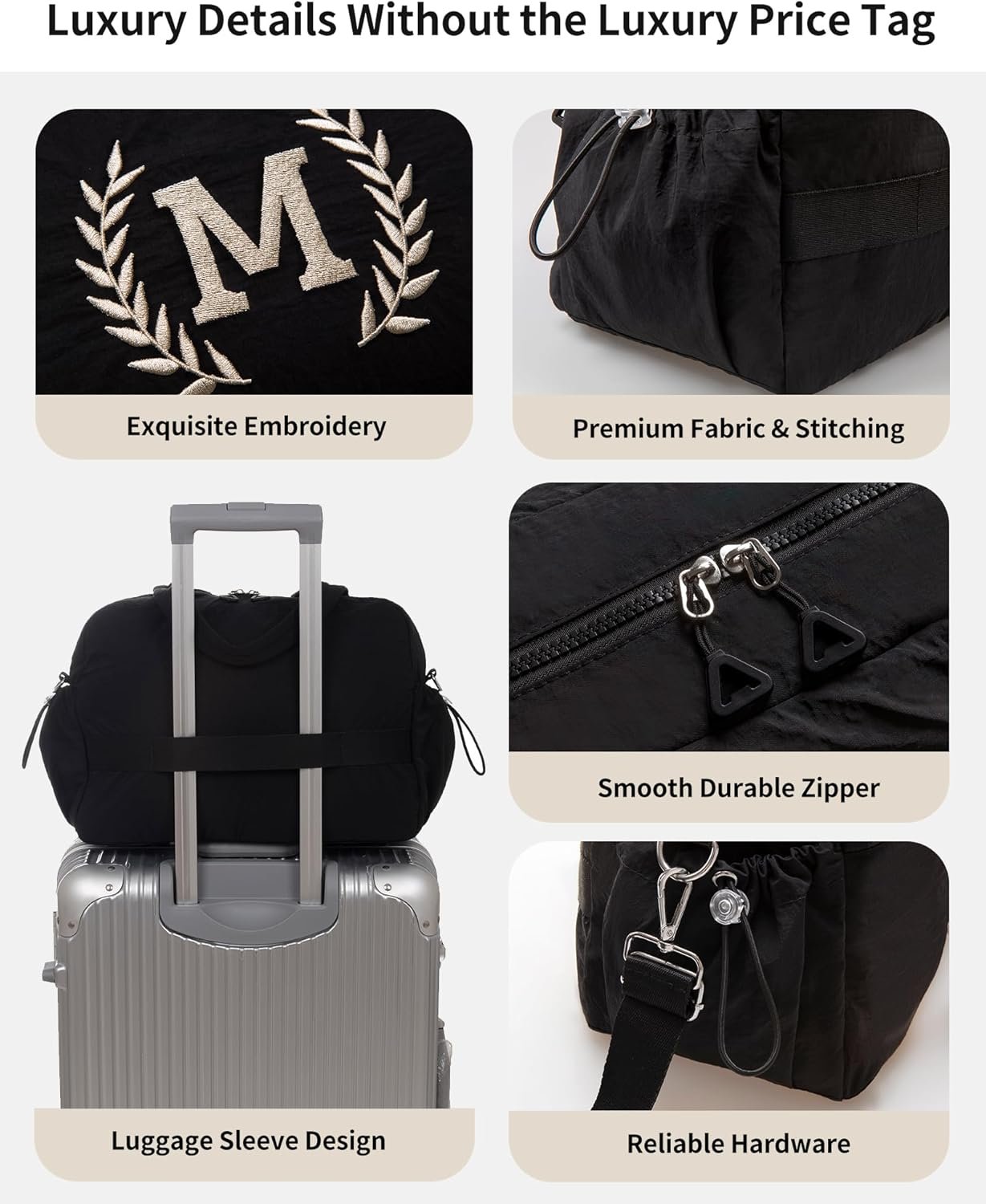 Grossiste Sac Duffle de Gym pour Femmes – Sac Sport Brodé Initiales avec Logo Personnalisé pour Hommes – Duffel Voyage Workout Manche Valise Cadeau Maman Fille Fabricant (Noir, A)