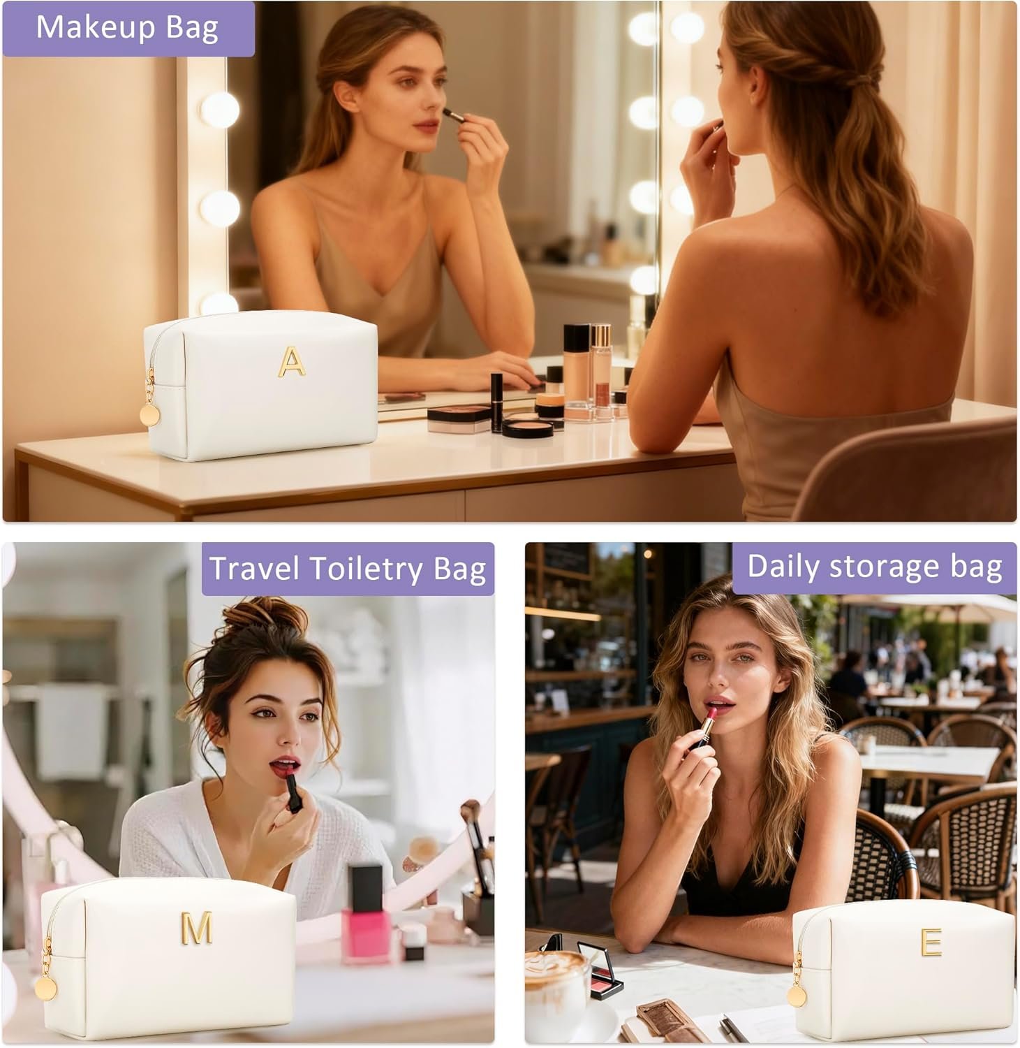 Grossiste Cadeaux Femmes Demoiselles d'Honneur Sac à Maquillage Personnalisé Initiales Cuir PU Étanche Fabricant Cosmétiques Voyage OEM Beige