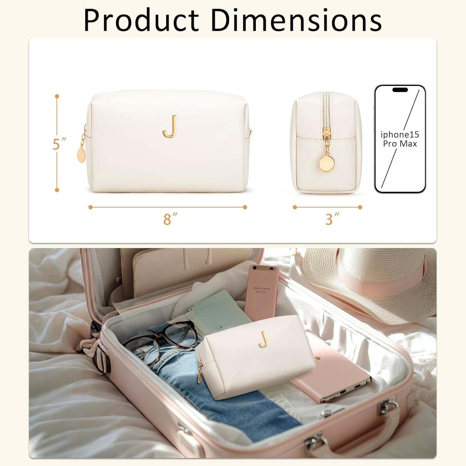 Grossiste Cadeaux Femmes Demoiselles d'Honneur Sac à Maquillage Personnalisé Initiales Cuir PU Étanche Fabricant Cosmétiques Voyage OEM Beige