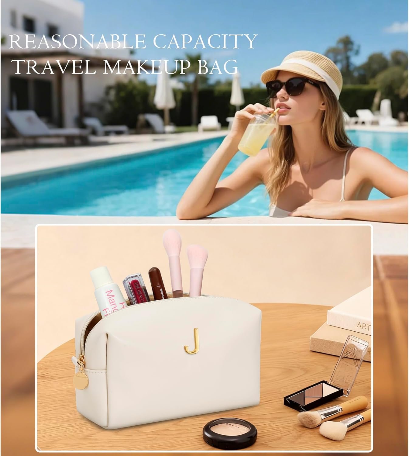 Grossiste Cadeaux Femmes Demoiselles d'Honneur Sac à Maquillage Personnalisé Initiales Cuir PU Étanche Fabricant Cosmétiques Voyage OEM Beige