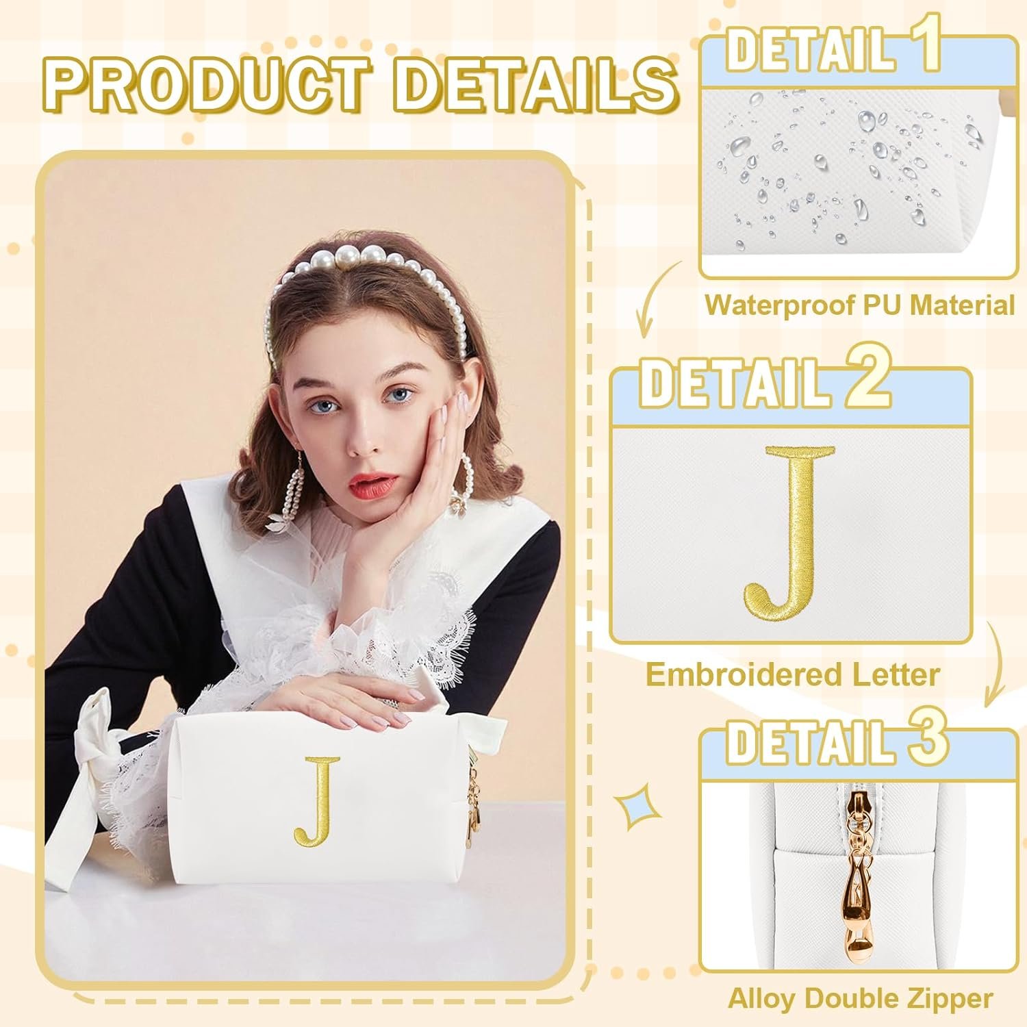 Grossiste Trousses Maquillage Personnalisées Initiales Broderie Or Préppy OEM - Petite Trousse Toilette Voyage Fabricant Cadeaux Noël Anniversaire Filles Femmes (Blanc-J)