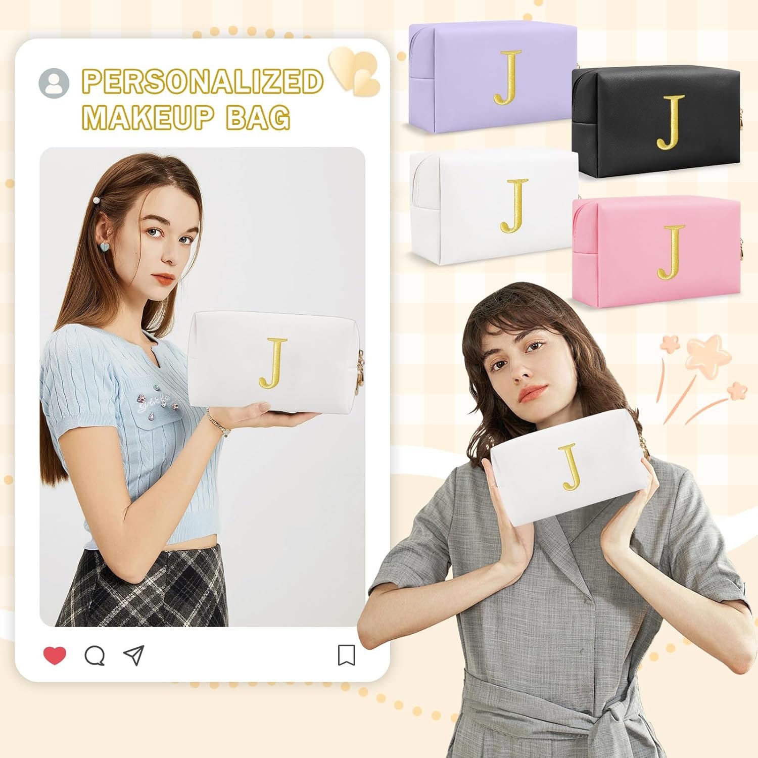 Grossiste Trousses Maquillage Personnalisées Initiales Broderie Or Préppy OEM - Petite Trousse Toilette Voyage Fabricant Cadeaux Noël Anniversaire Filles Femmes (Blanc-J)