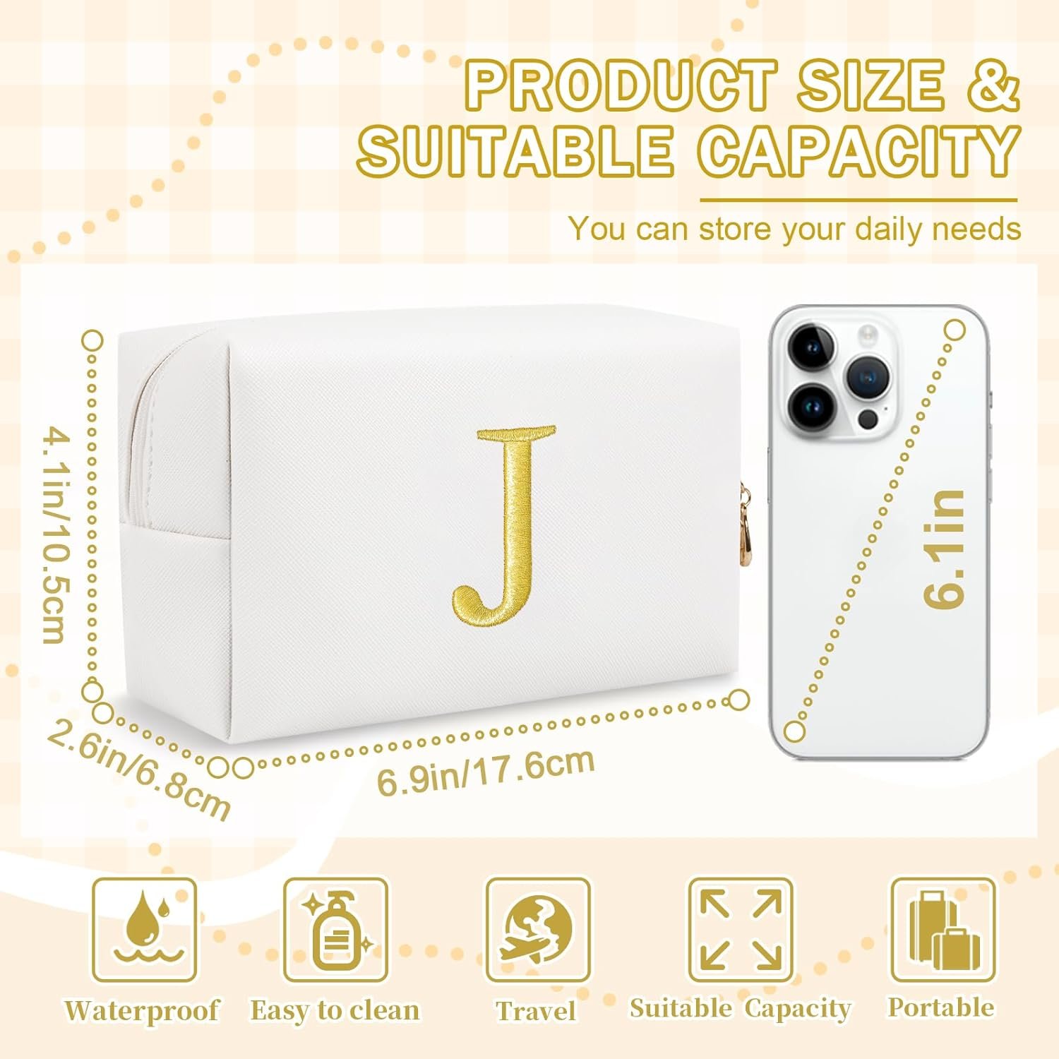 Grossiste Trousses Maquillage Personnalisées Initiales Broderie Or Préppy OEM - Petite Trousse Toilette Voyage Fabricant Cadeaux Noël Anniversaire Filles Femmes (Blanc-J)