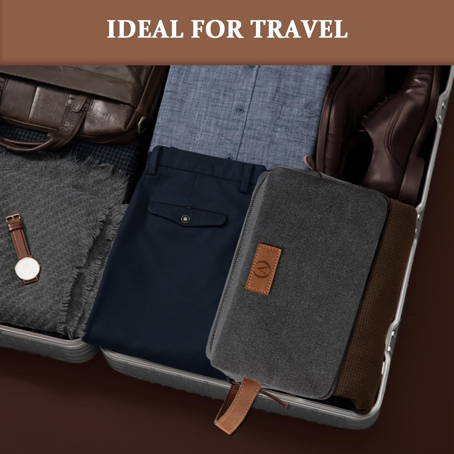 Grossiste en Sac de Toilette Homme Imperméable Personnalisé Canvas Gravé Initiales et Épi de Blé pour Cadeaux Garçons d'Honneur et Voyage OEM Fabricant Gris Foncé A