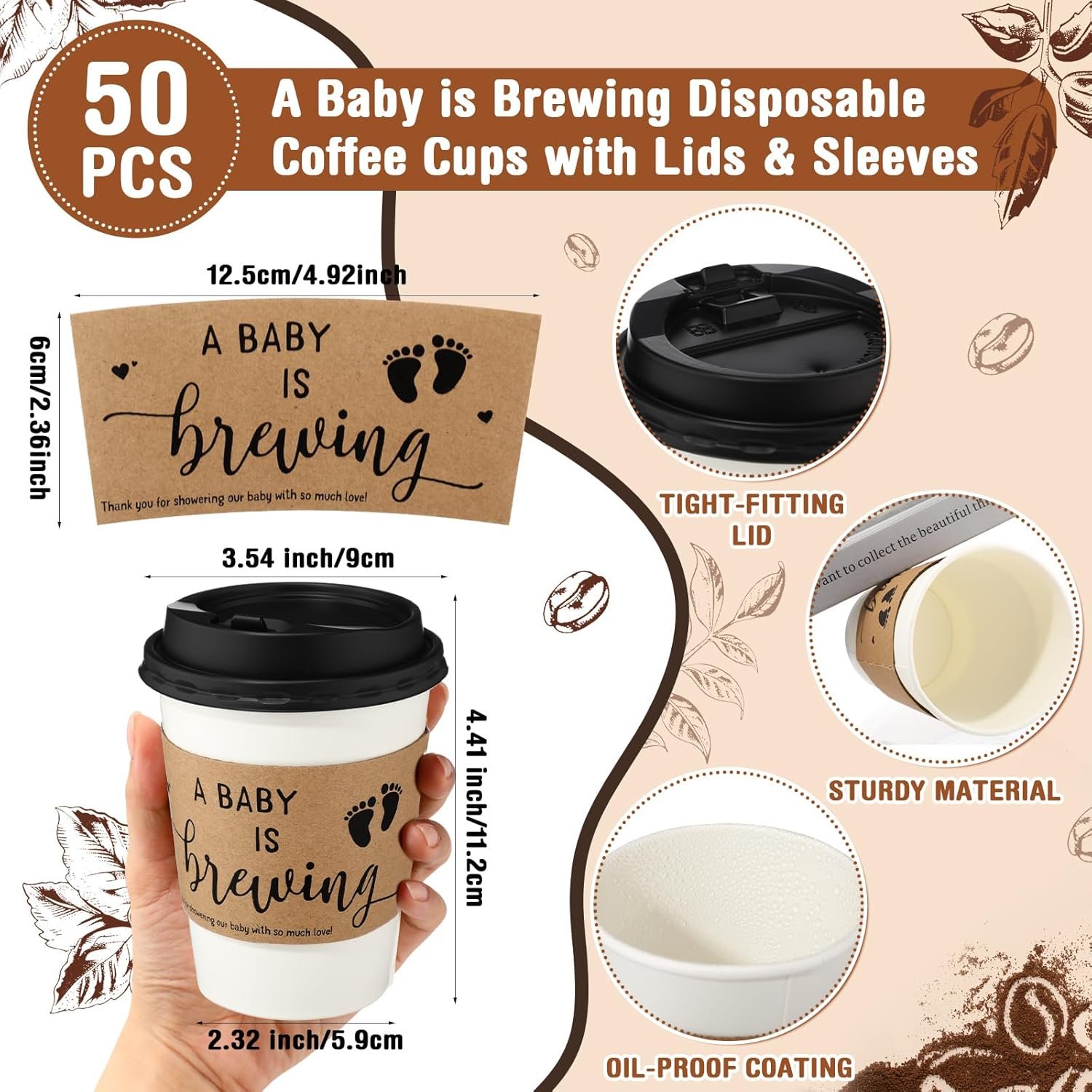 Grossiste 50 ensembles gobelets à café 12 oz « A Baby's is Brewing » pour baby shower avec couvercles et manches papier jetables logo personnalisé fournisseur Grossiste 50 ensembles gobelets à café 12 oz « A Baby's is Brewing » pour baby shower avec couvercles et manches papier jetables logo personnalisé fournisseur