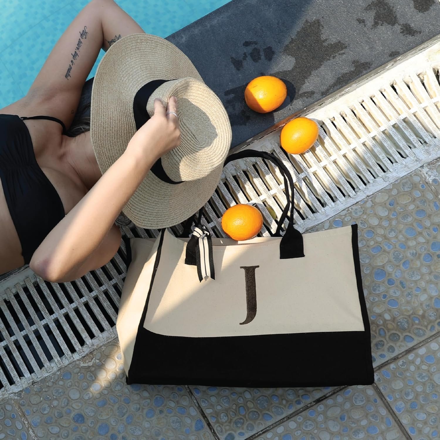 Grossiste Sac Cabas en Toile Grande Coton Personnalisé Initiales Monogramme Femmes Réutilisable Plage Courses Travail Voyage OEM Fabricant