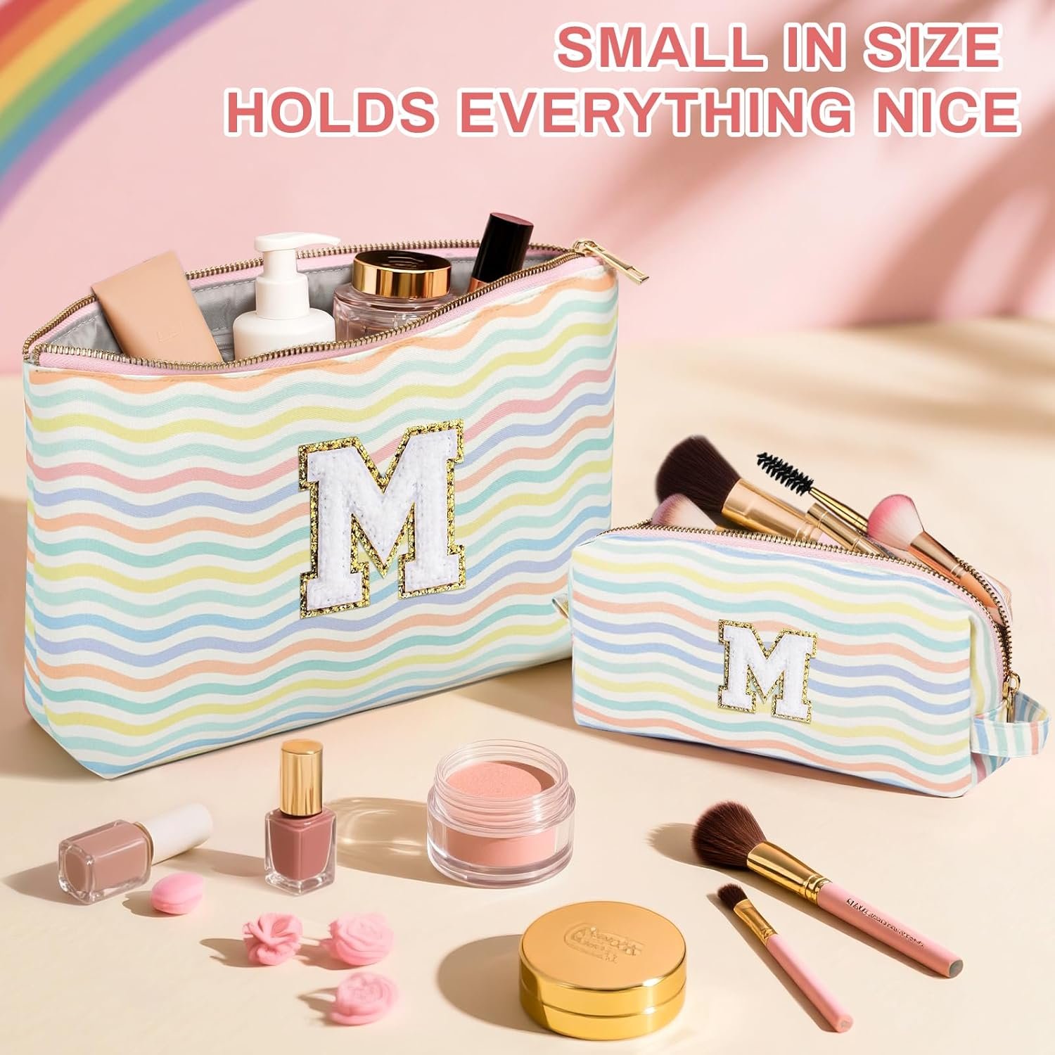 Grossiste 2 Pièces Trousse Maquillage Voyage Monogramme pour Filles Fabricant Pochette Cosmétiques Light Rainbow M Logo Personnalisé