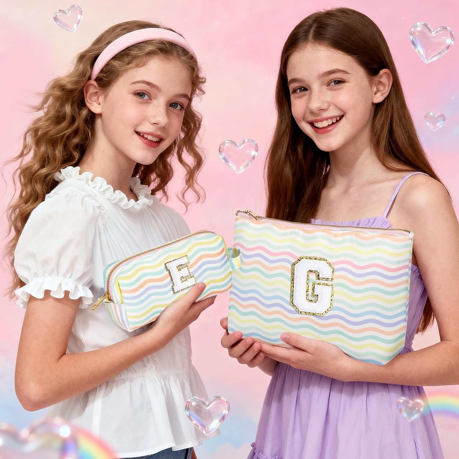 Grossiste 2 Pièces Trousse Maquillage Voyage Monogramme pour Filles Fabricant Pochette Cosmétiques Light Rainbow M Logo Personnalisé