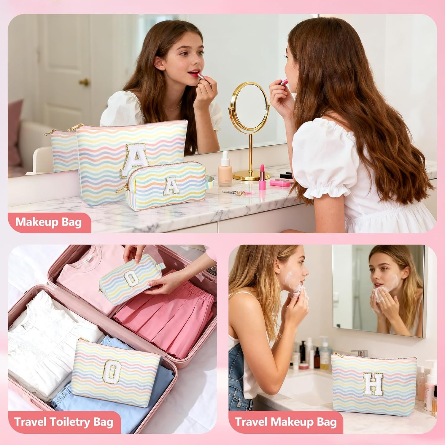 Grossiste 2 Pièces Trousse Maquillage Voyage Monogramme pour Filles Fabricant Pochette Cosmétiques Light Rainbow M Logo Personnalisé