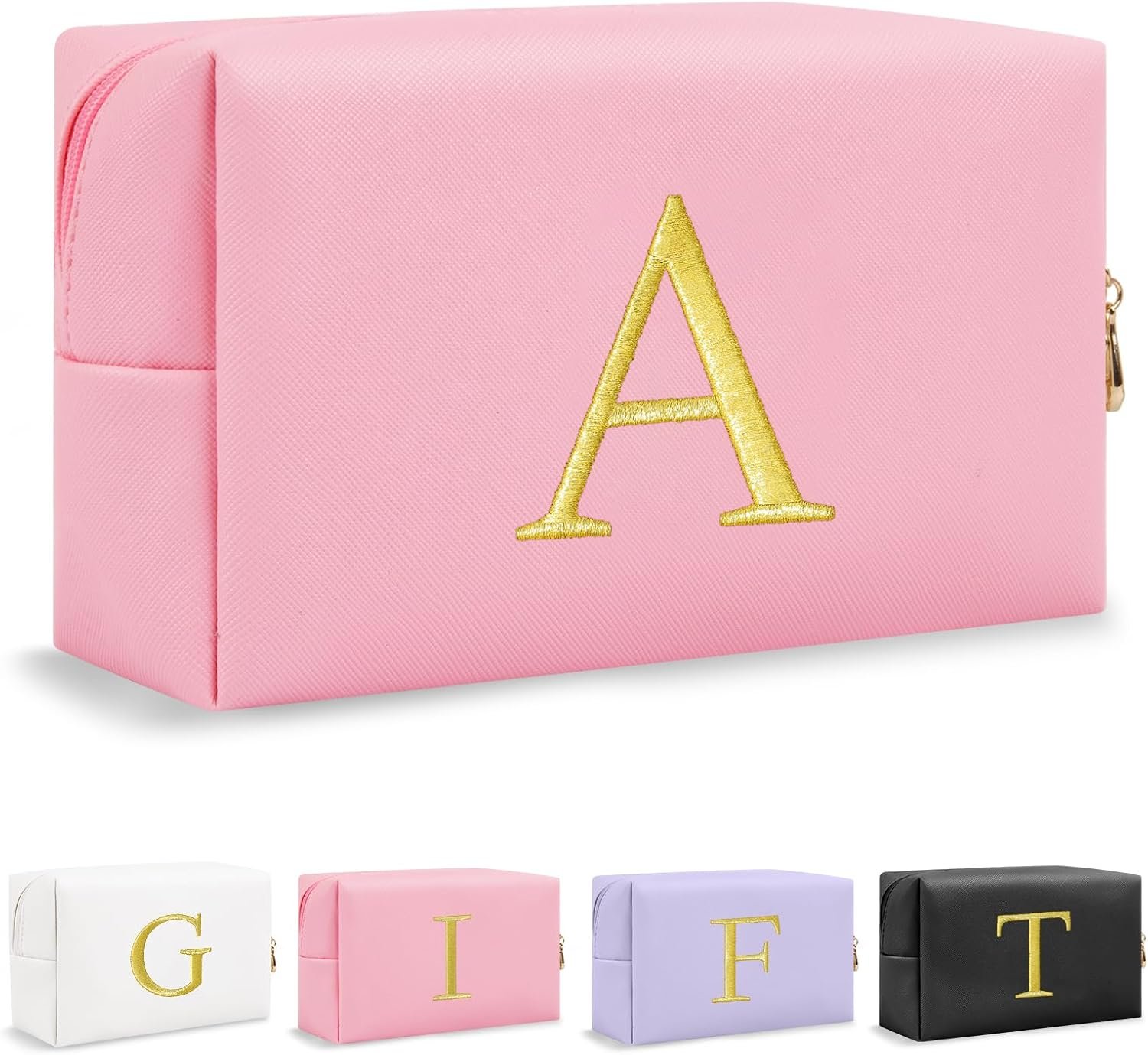 Grossiste Pochette Maquillage Initiale Broderie Or Préppy Logo Personnalisé Petit Sac Toilette Voyage Cadeaux Noël Anniversaire Filles Femmes Fabricant (Rose-A)