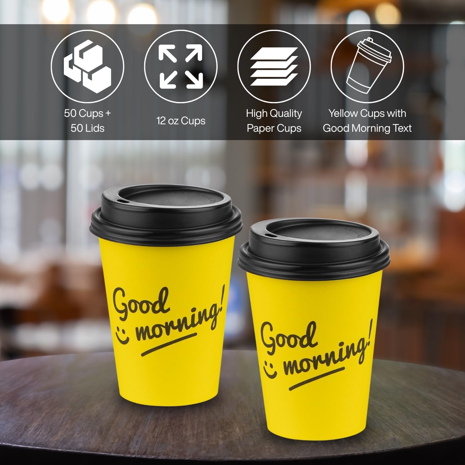 Grossiste Gobelets à Café Jetables avec Couvercles à Emporter Logo Personnalisé 12 OZ Design Good Morning 50 Unités Fabricant