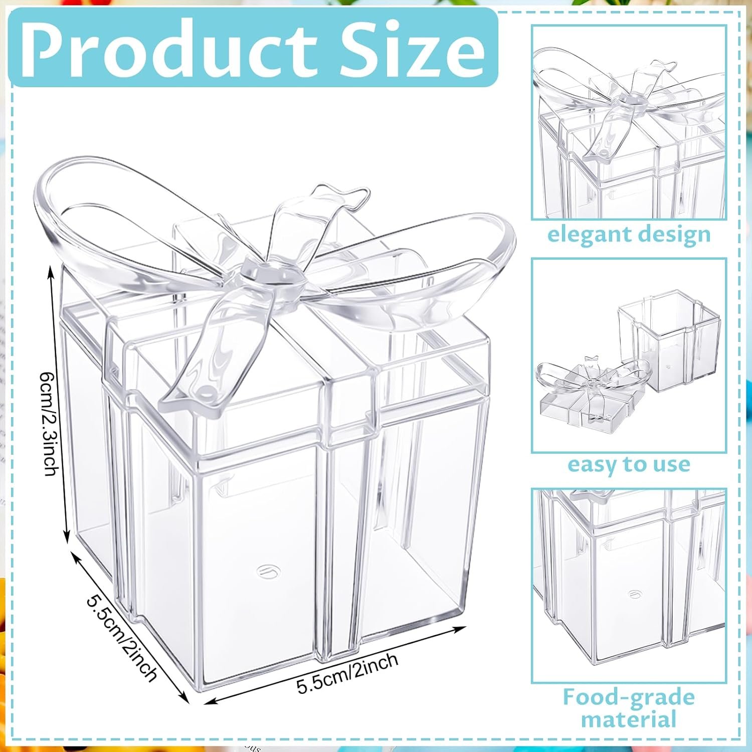 Grossiste Boîtes Cadeaux Acryliques Transparentes Lot 24 avec Couvercle Nœud 2 x 2 x 2,3 Pouces Fournisseur Petites Faveurs Fête Bonbons Dragées Mariage Baby Shower Anniversaire OEM