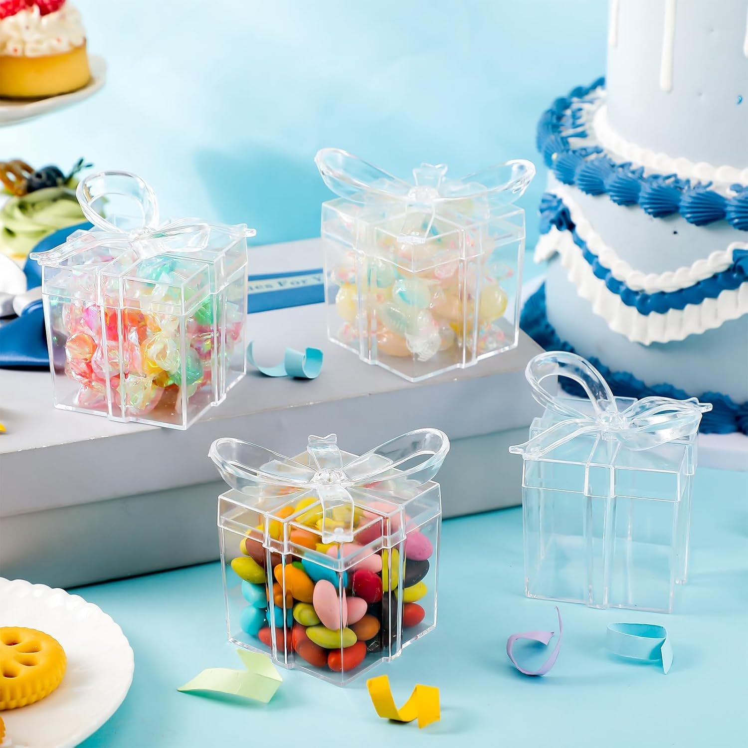 Grossiste Boîtes Cadeaux Acryliques Transparentes Lot 24 avec Couvercle Nœud 2 x 2 x 2,3 Pouces Fournisseur Petites Faveurs Fête Bonbons Dragées Mariage Baby Shower Anniversaire OEM