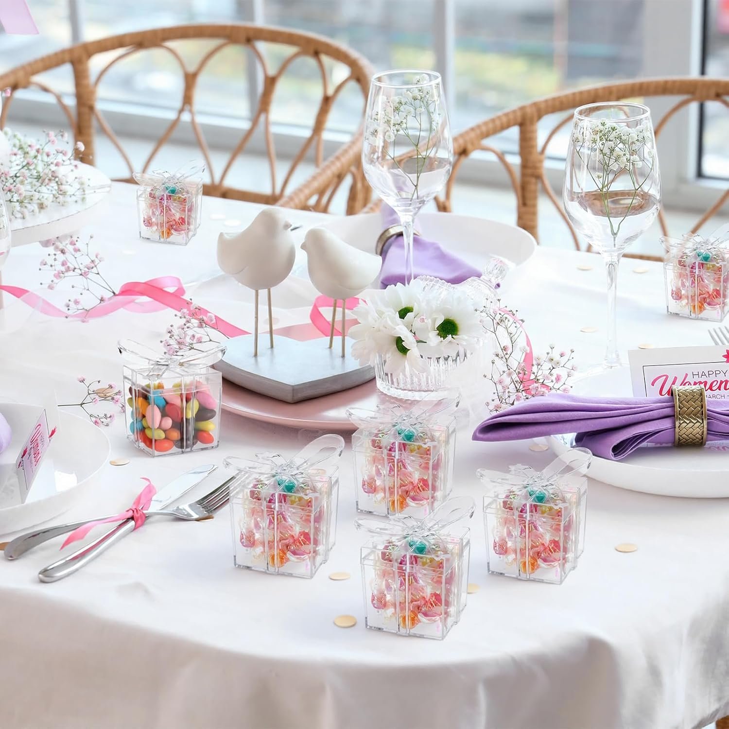 Grossiste Boîtes Cadeaux Acryliques Transparentes Lot 24 avec Couvercle Nœud 2 x 2 x 2,3 Pouces Fournisseur Petites Faveurs Fête Bonbons Dragées Mariage Baby Shower Anniversaire OEM
